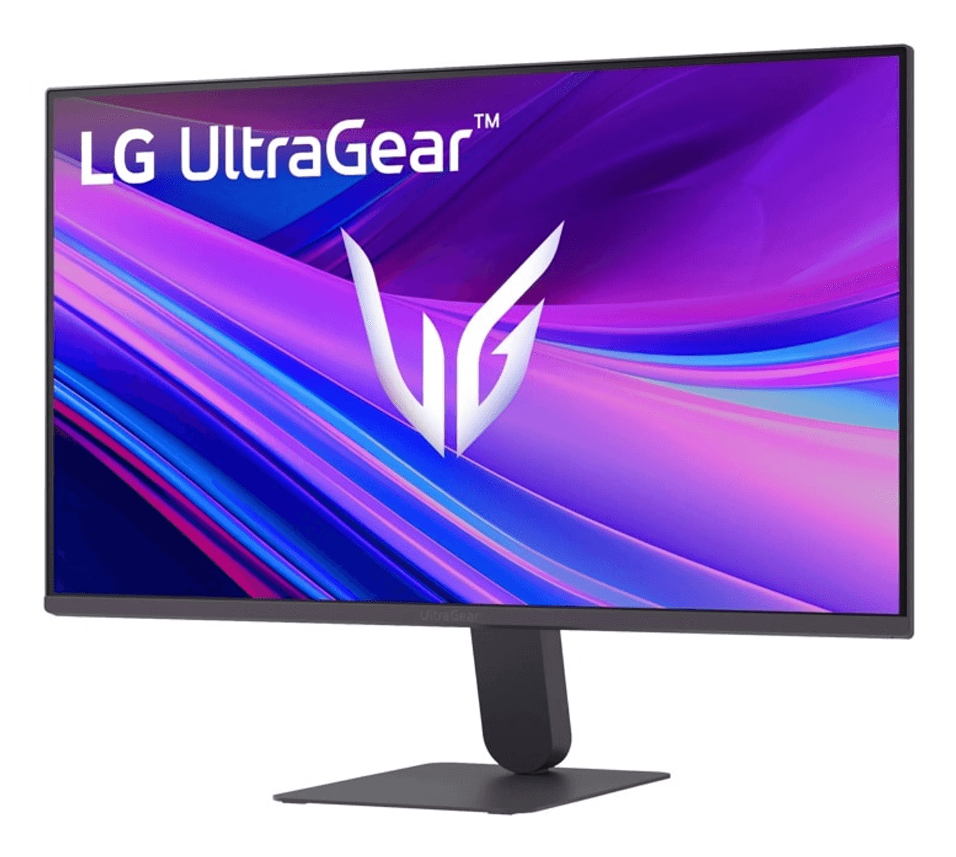 Un monitor gaming LG UltraGear con un fondo abstracto y colorido.