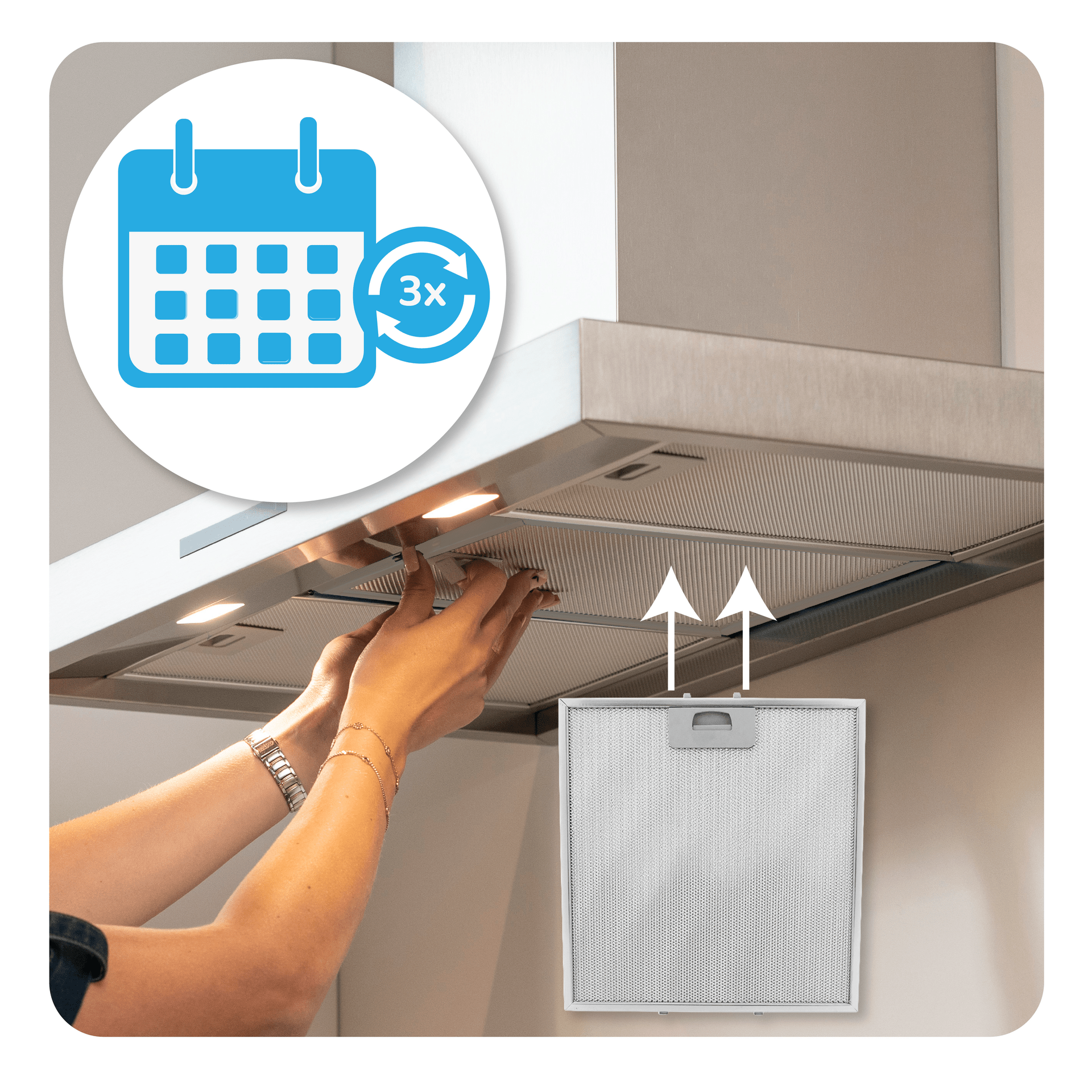Icono de calendario con ciclo de flecha 3x sobre una campana de cocina siendo limpiada.