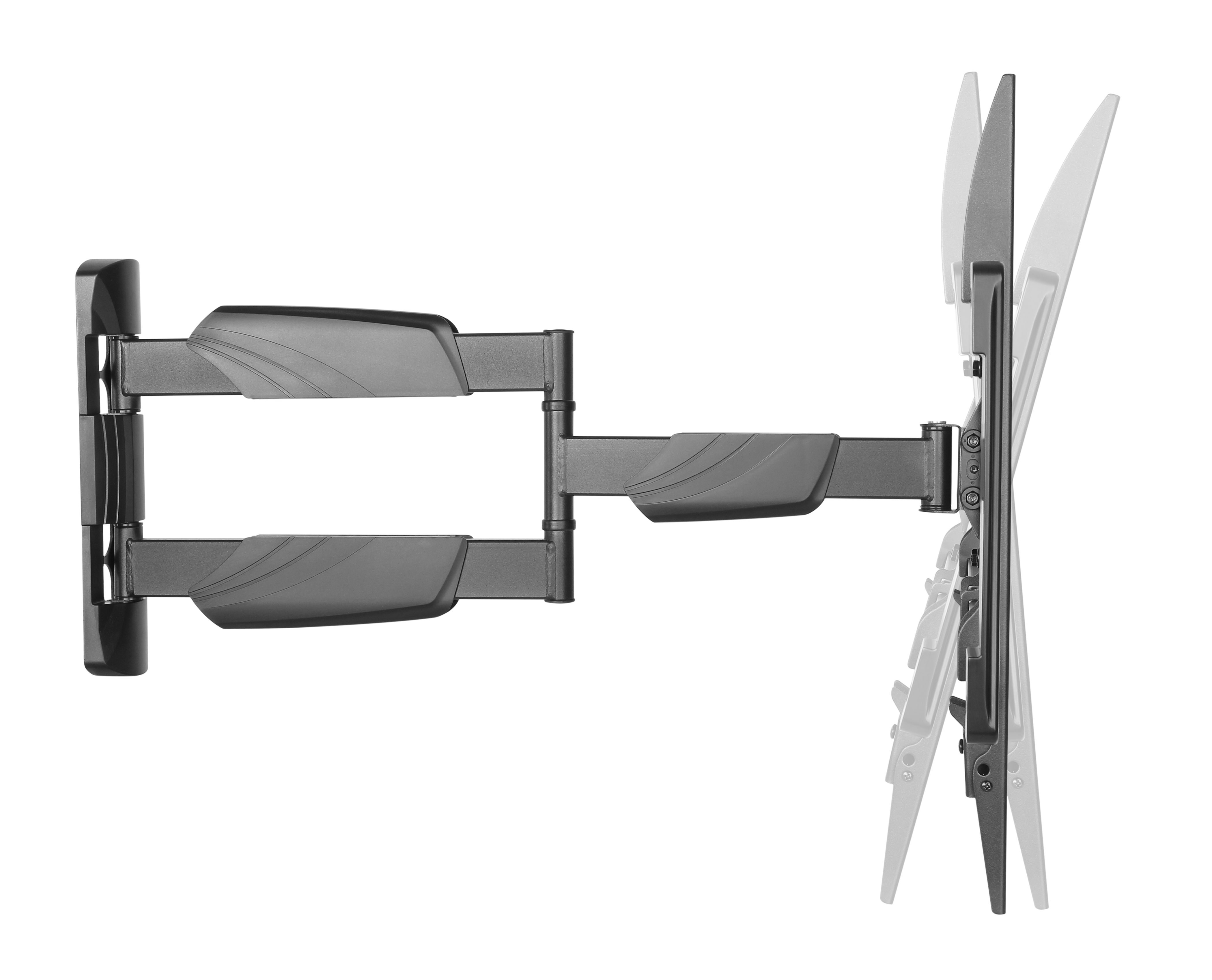 Ein schwenkbarer TV-Wandhalter in Dunkelgrau, auf weißem Hintergrund.
