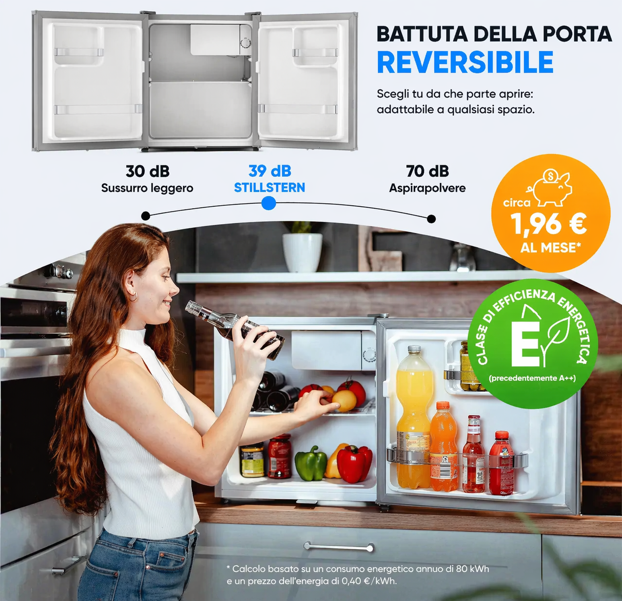 Una donna apre un piccolo frigorifero pieno di bevande e verdure.