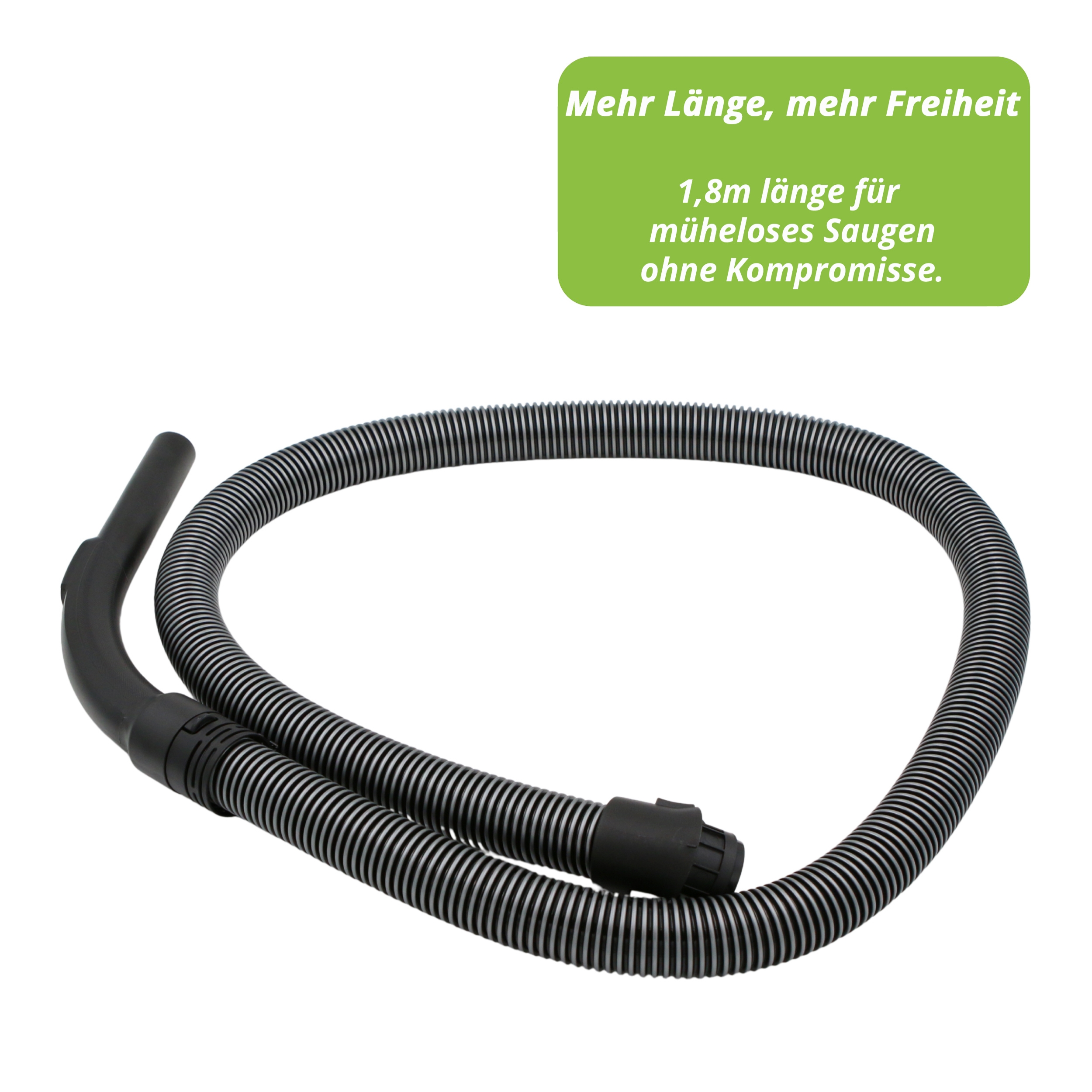 Schwarzer Staubsaugerschlauch mit Griff und silbernen Ringen.