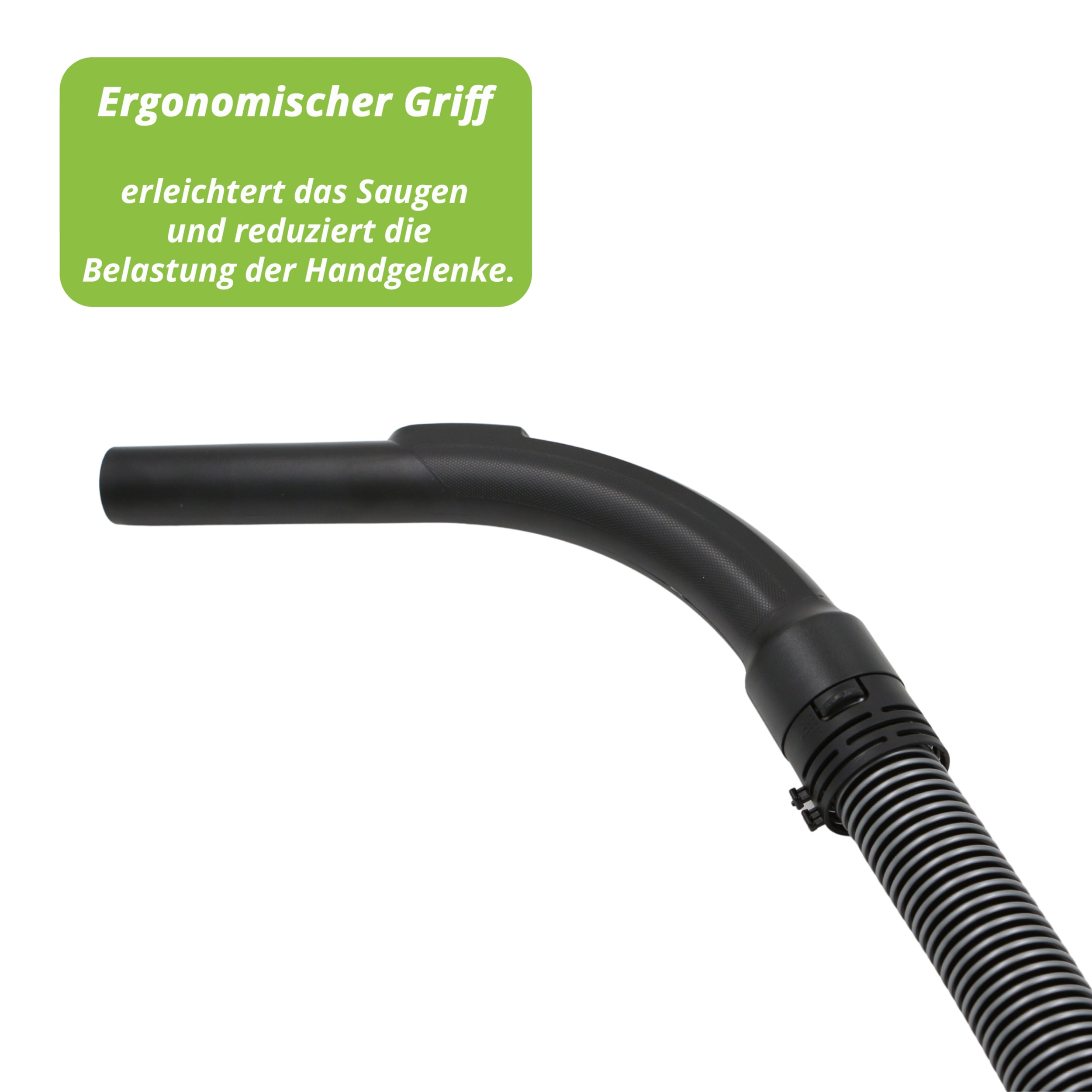 Schwarzer Vakuumschlauch mit ergonomischem Griff und Text.