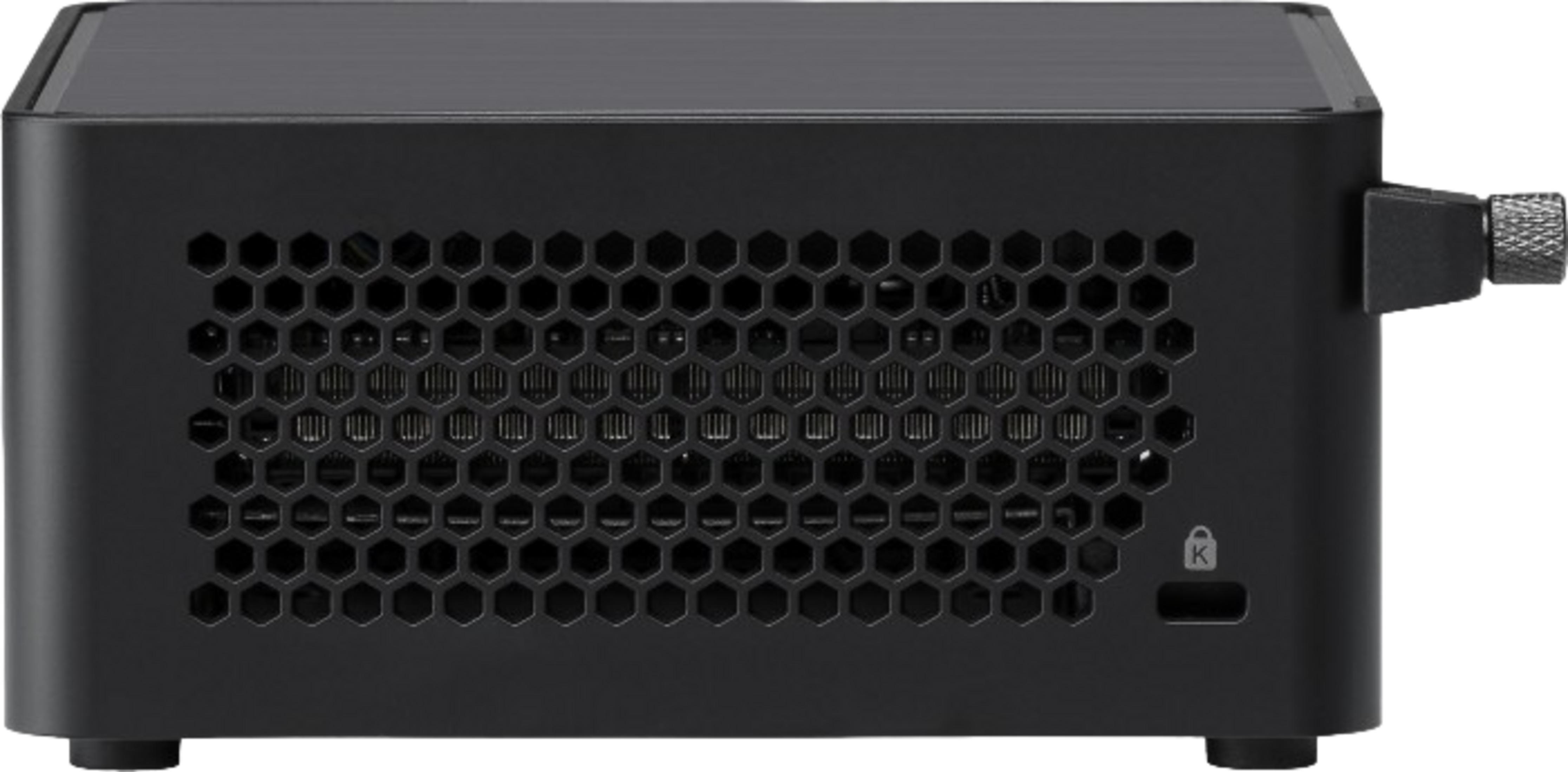 Mini PC nero con ventilazione a nido d'ape, slot di blocco e manopola.