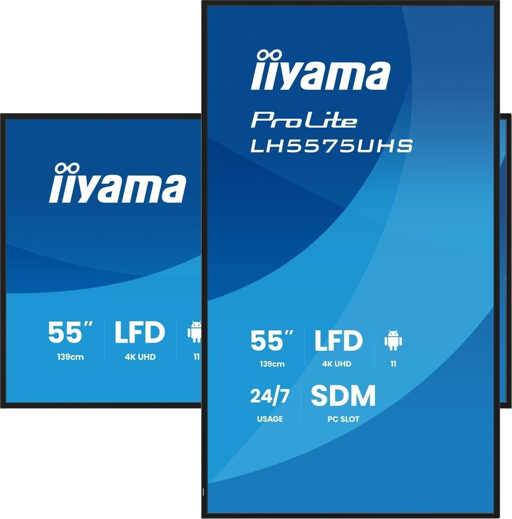 Dwa wyświetlacze Iiyama LFD 4K UHD 55 cali, jeden pokazuje model LH5575UHS.