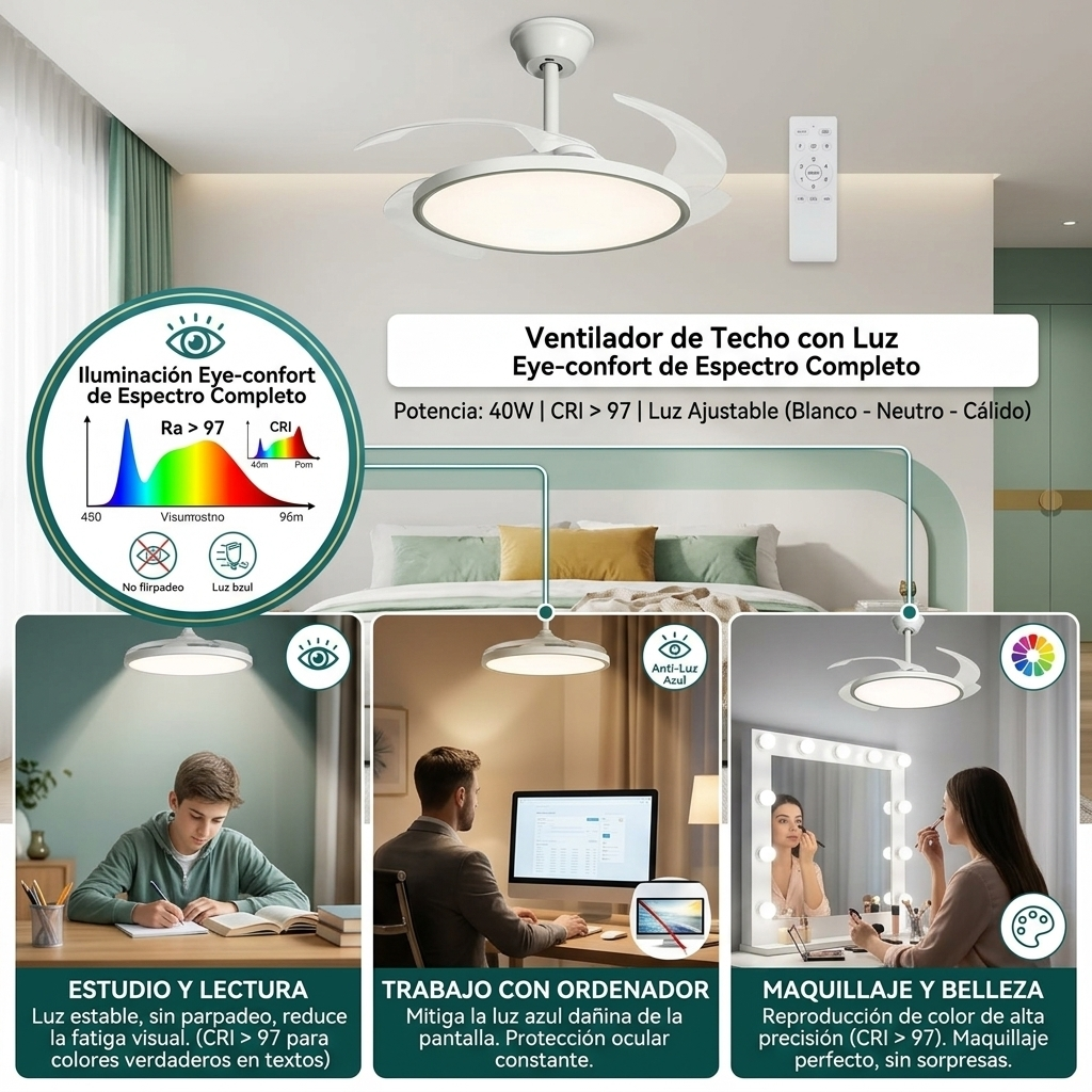 Ventilador de techo con luz: Confort visual para estudio, trabajo y maquillaje.