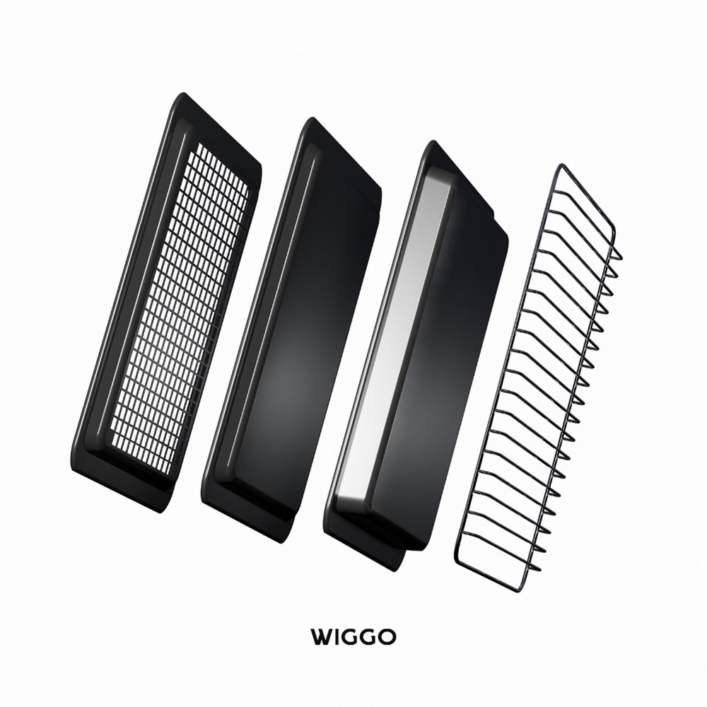 Quatre pièces noires: grille, boîtier, boîtier avec reflet, grille.