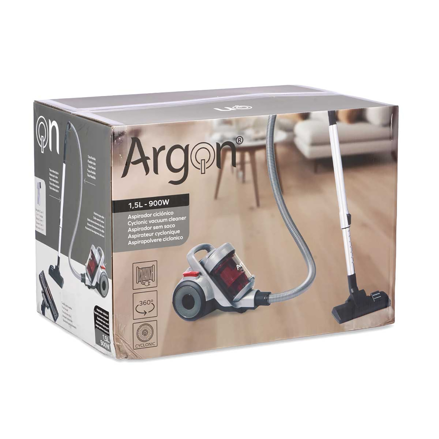 Embalaje de caja para un aspirador ciclónico marca Argon con accesorios.