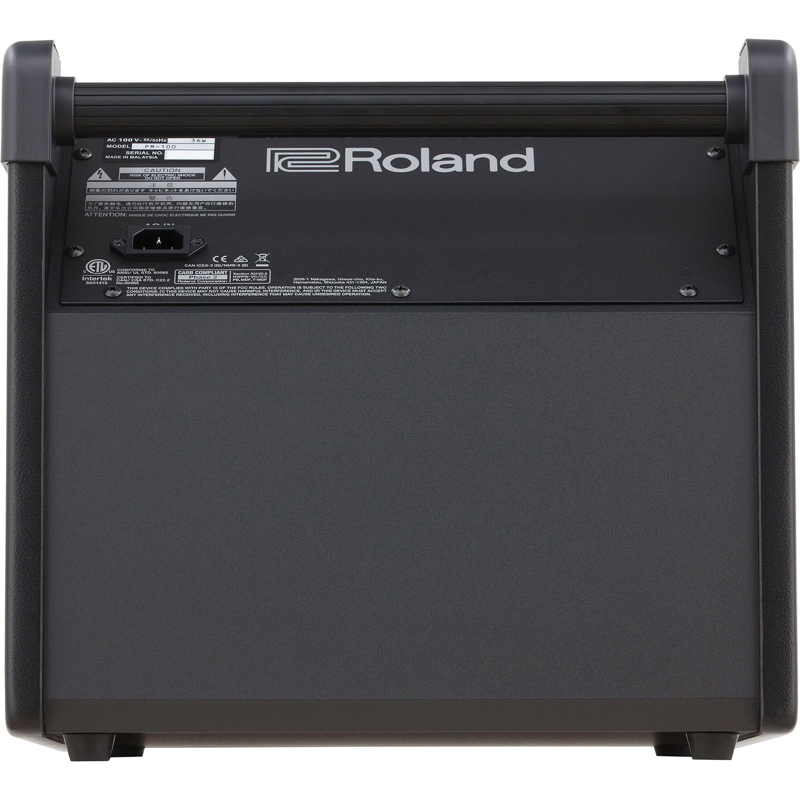 Achterkant van een zwarte Roland versterker met model- en serienummerdetails.