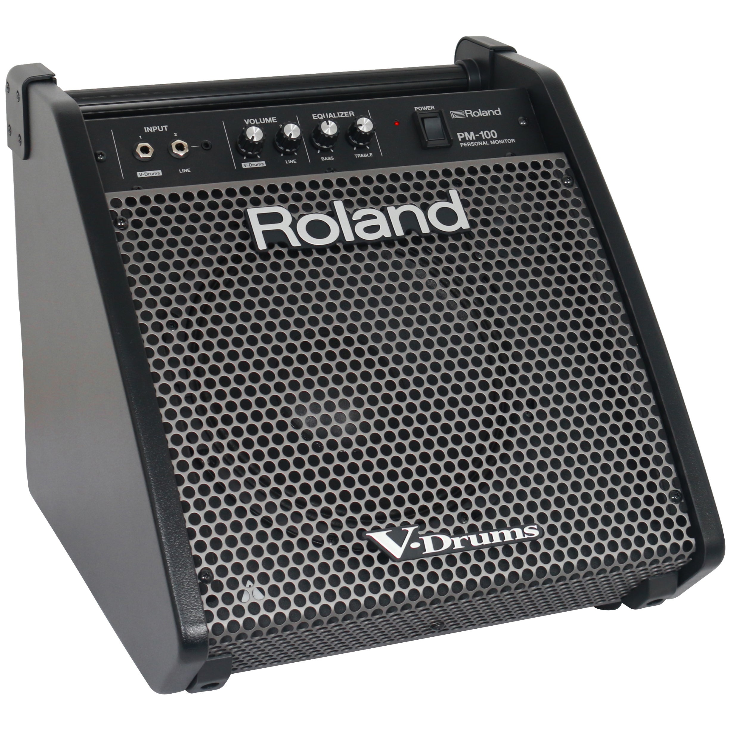 Zwarte Roland PM-100 persoonlijke monitor met zilverkleurig luidsprekerrooster en knoppen.