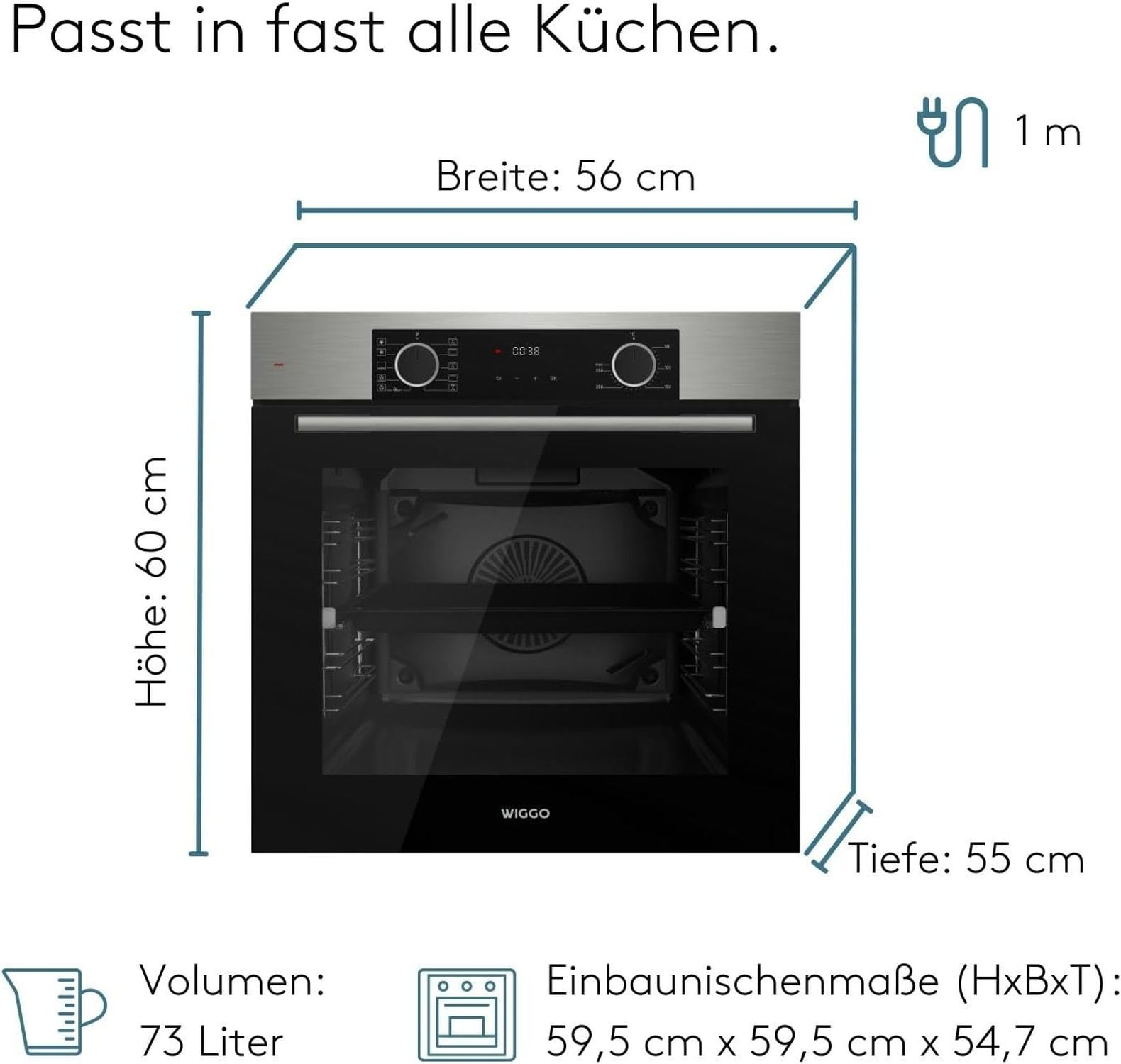 Four encastrable dimensions : H 60cm, L 56cm, P 55cm, 73L.