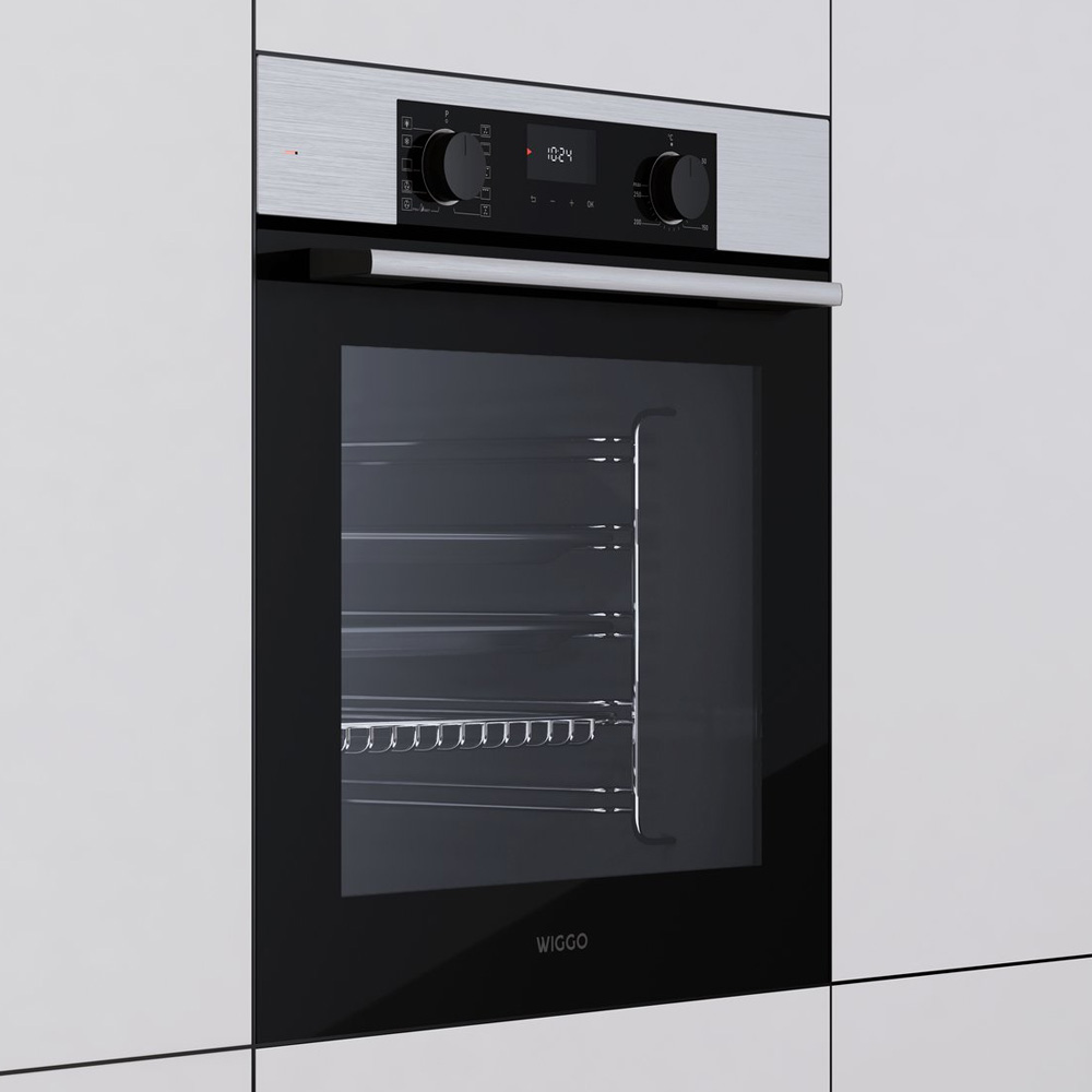 Un four encastrable moderne avec des accents en acier inoxydable, une porte en verre noir et un écran numérique.