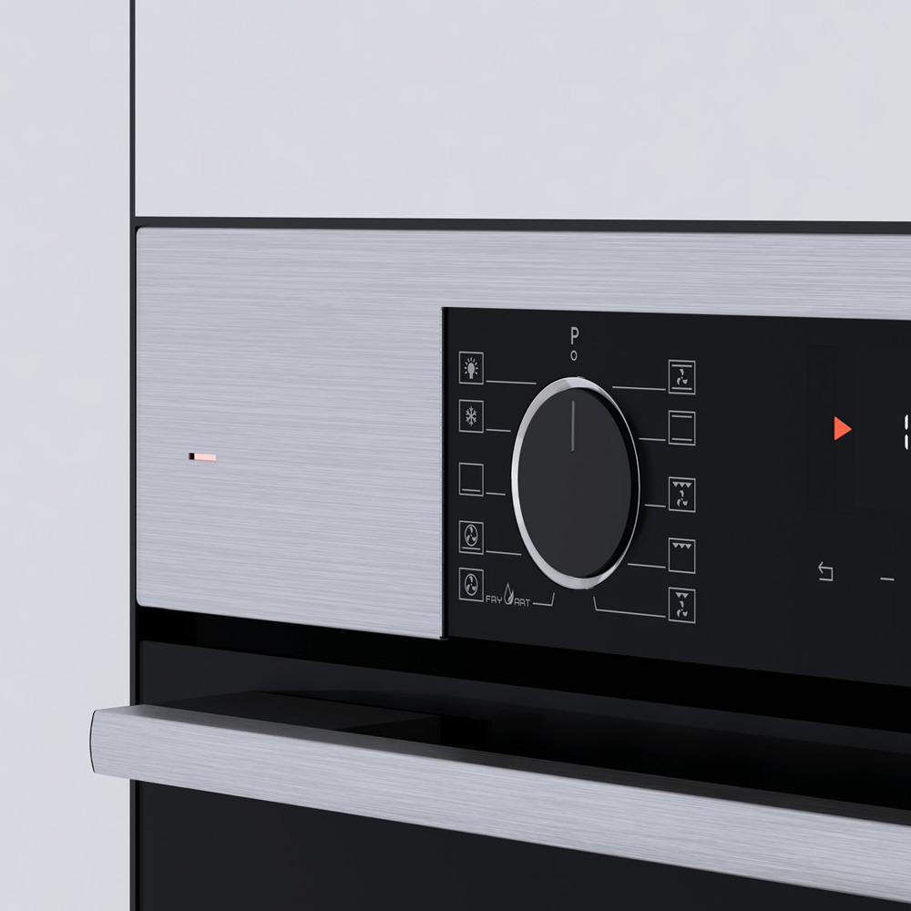 Gros plan d'un panneau de commande de four moderne avec un cadran et des icônes.
