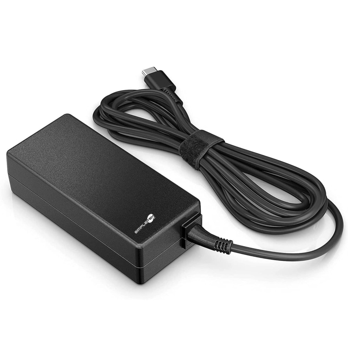 Alimentatore nero per laptop con cavo USB-C su sfondo bianco.