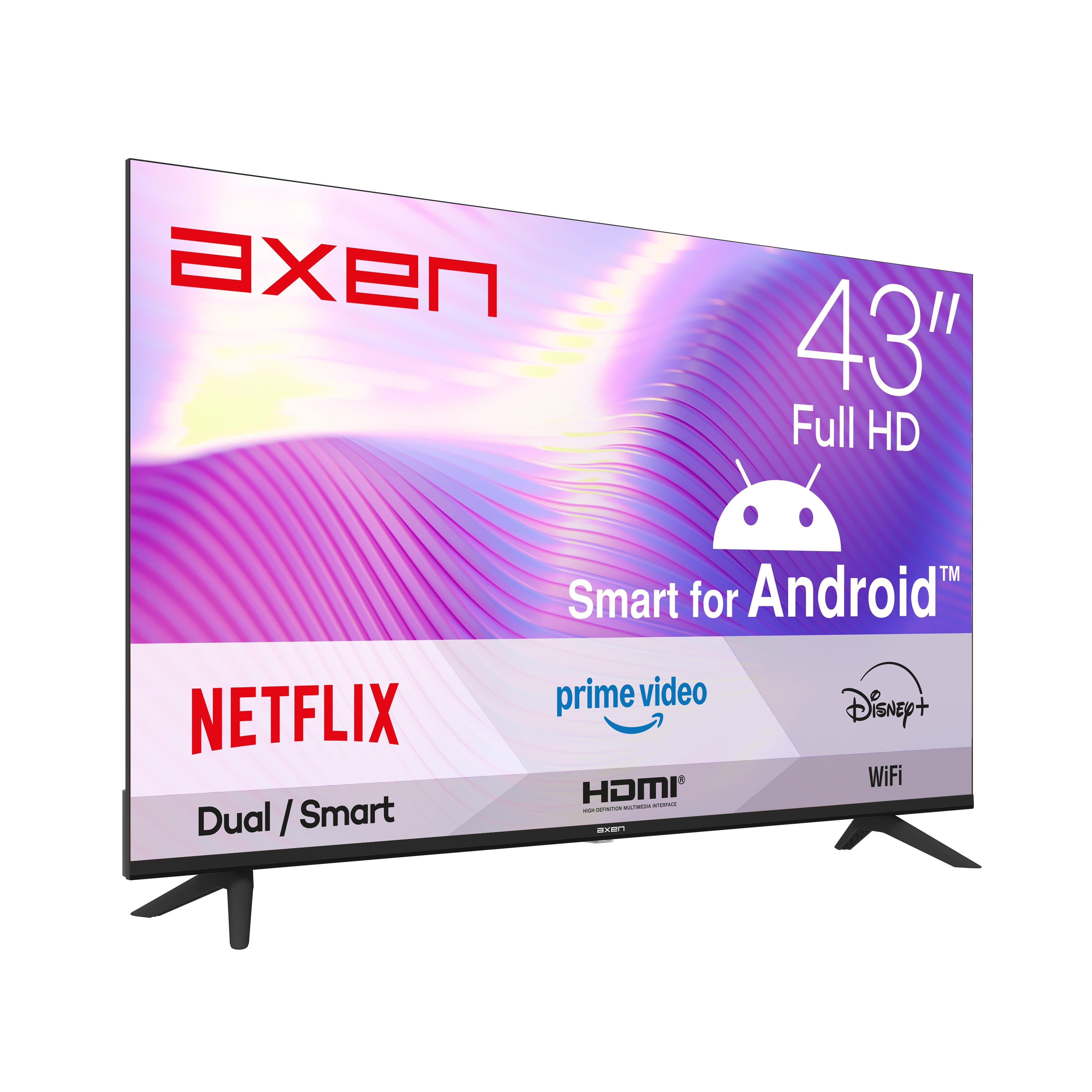 Netflix ve diğer uygulamalara sahip 43 inç Full HD Axen Android akıllı TV.