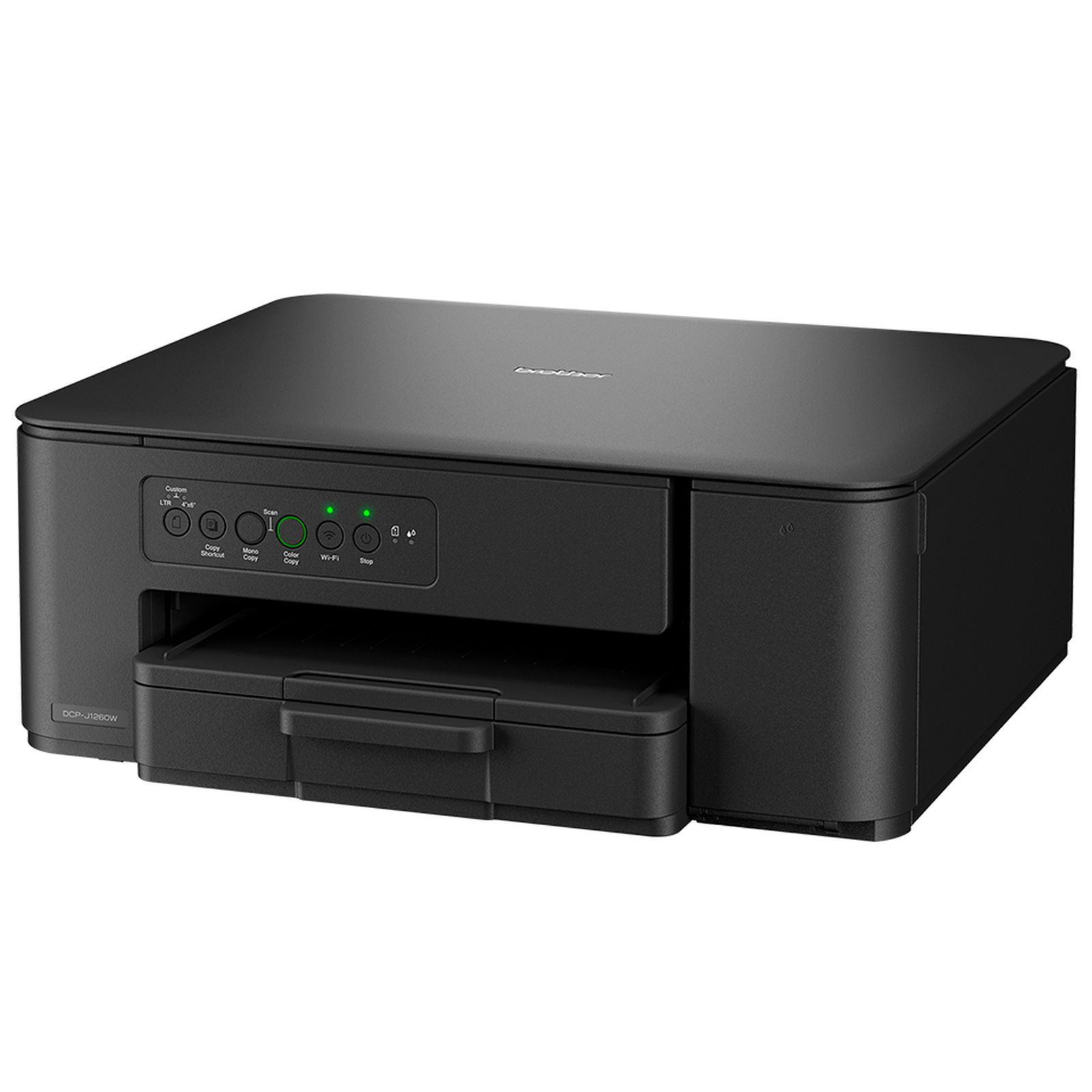 Schwarzer Brother Multifunktionsdrucker DCP-J1260W mit Bedienfeld und Papierschublade.