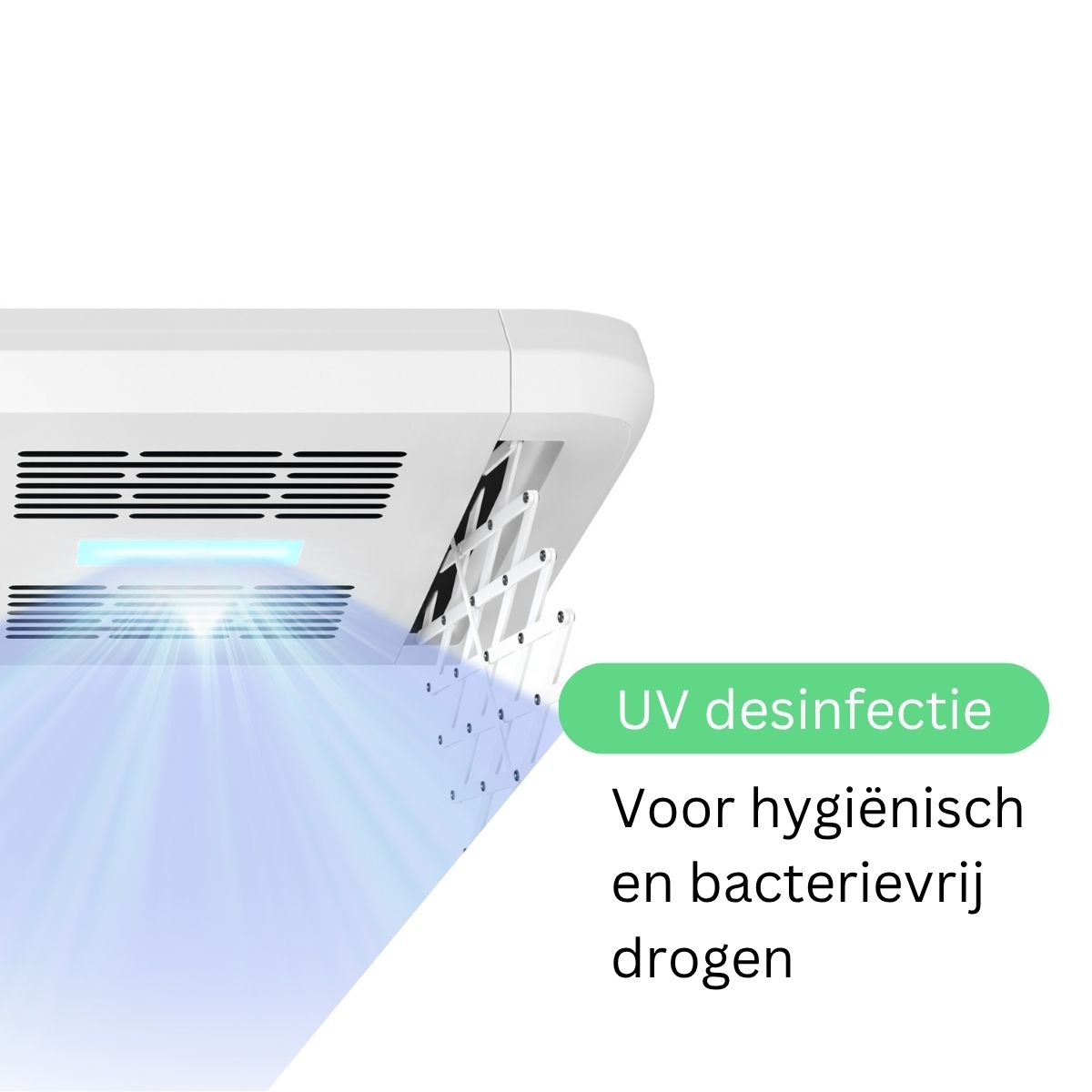 Un appareil blanc émettant une lumière UV bleue avec texte pour un séchage hygiénique.