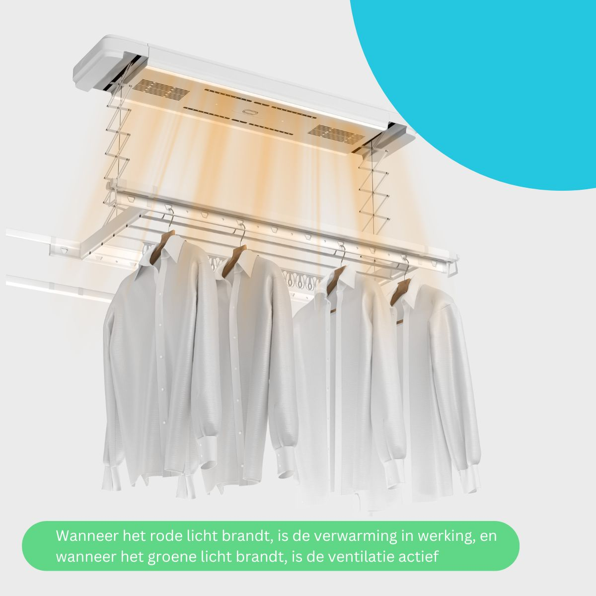 Un étendoir à linge blanc avec des chemises séchant sous un appareil émettant de la chaleur orange.