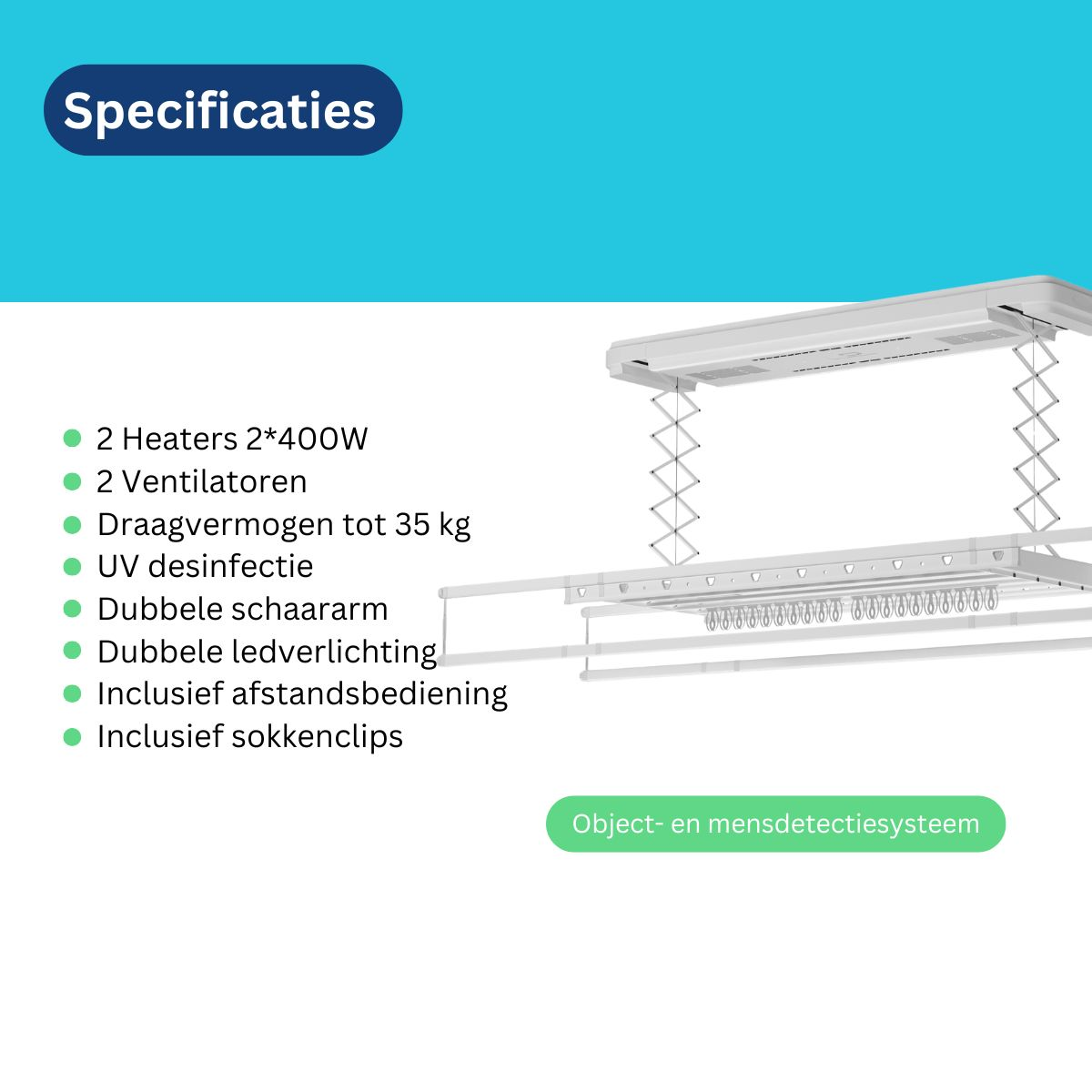 Spécifications : 2 radiateurs, 2 ventilateurs, capacité 35 kg, désinfection UV, éclairage LED.