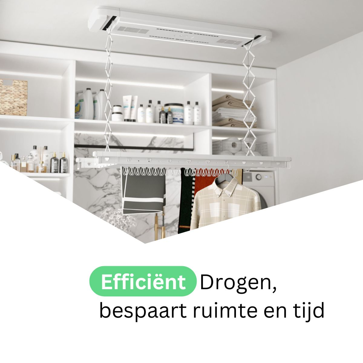 Un sèche-linge blanc au plafond avec des vêtements et des étagères remplies de produits.