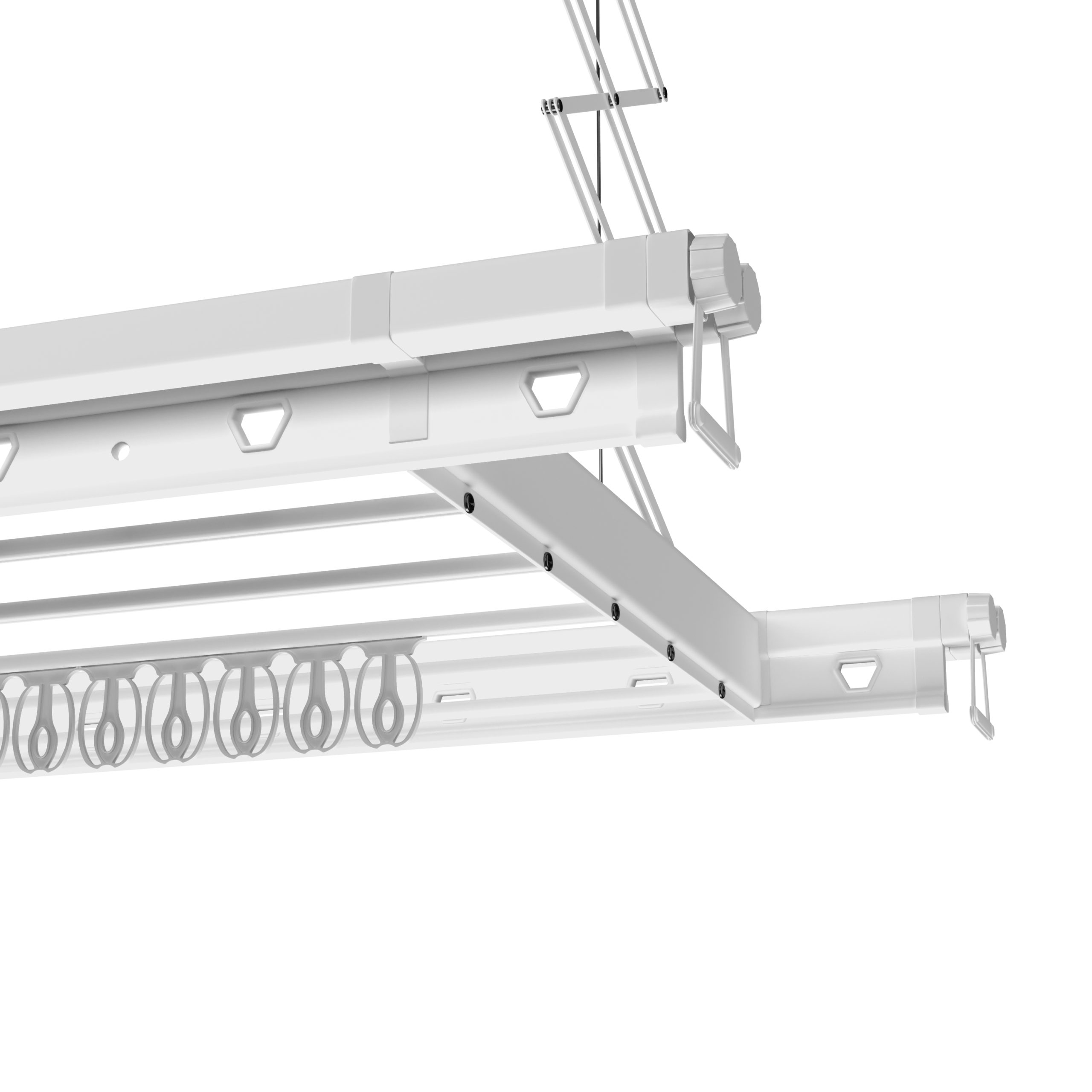 Un étendoir à linge blanc suspendu au plafond avec barres extensibles.