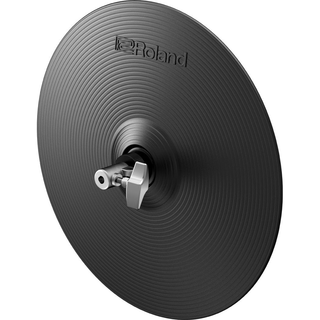 Zwarte Roland hi-hat bekkens met concentrische groeven en een zilveren montagclip.