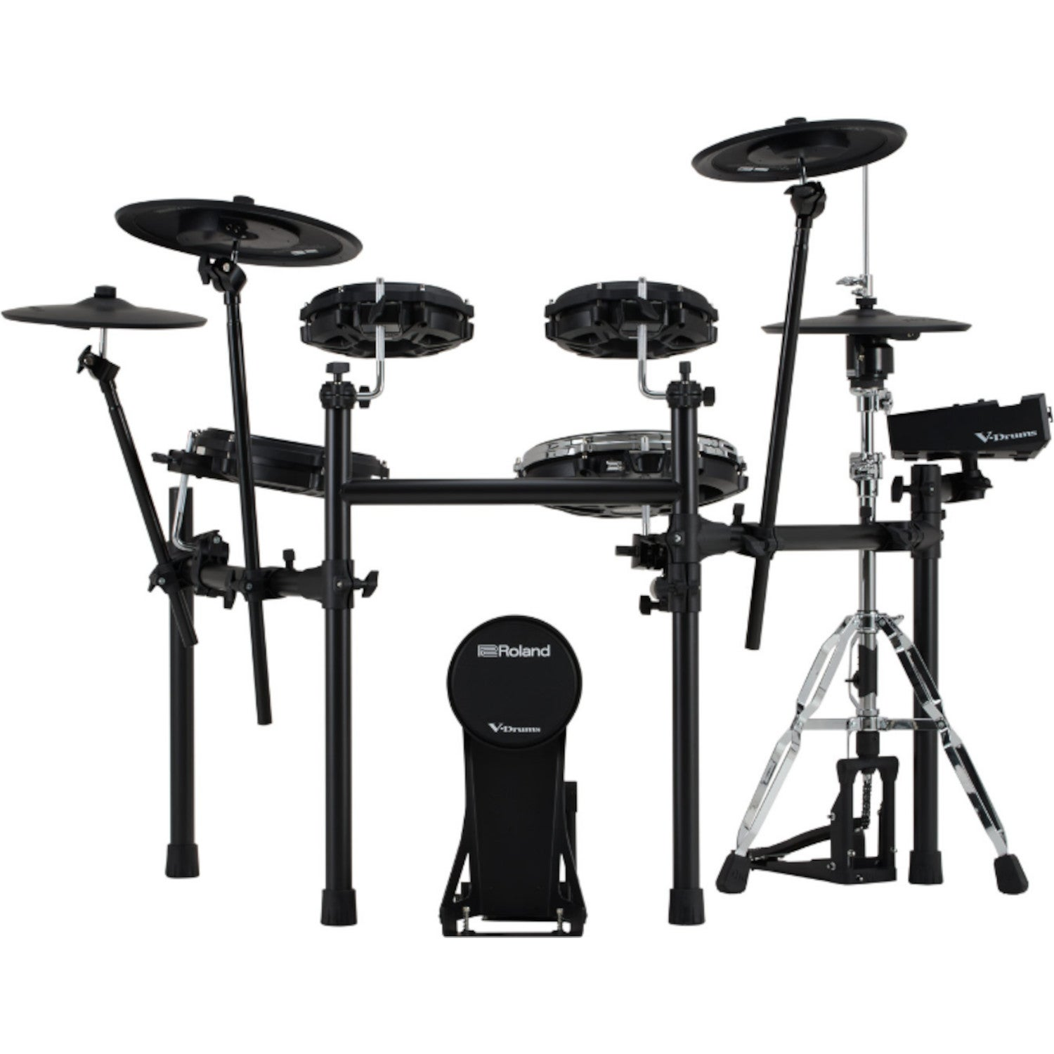 Zwarte Roland V-Drums elektronische drumstel met standaards, pads, cimbalen.