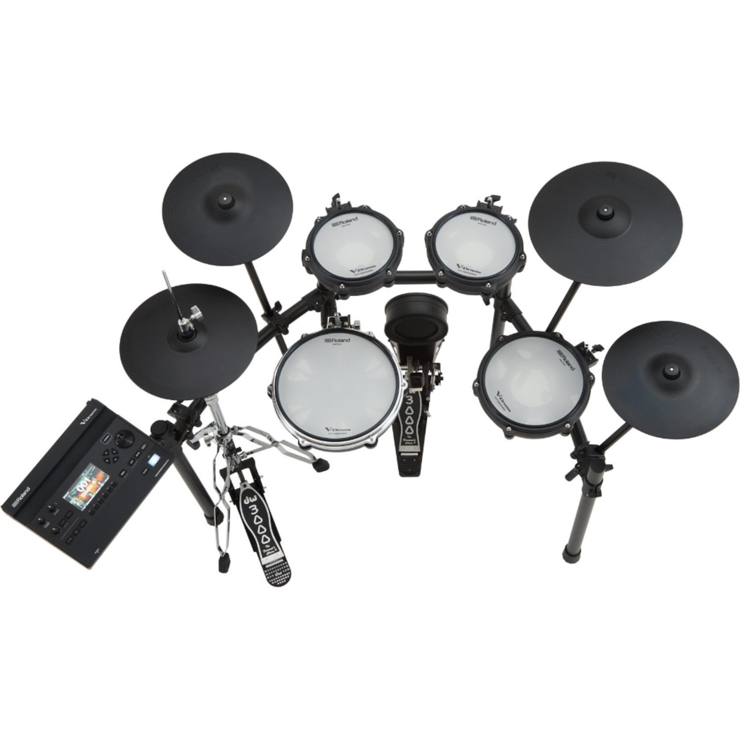 Een Roland V-Drums elektronisch drumstel met pads, cimbalen, voetpedaal en module.