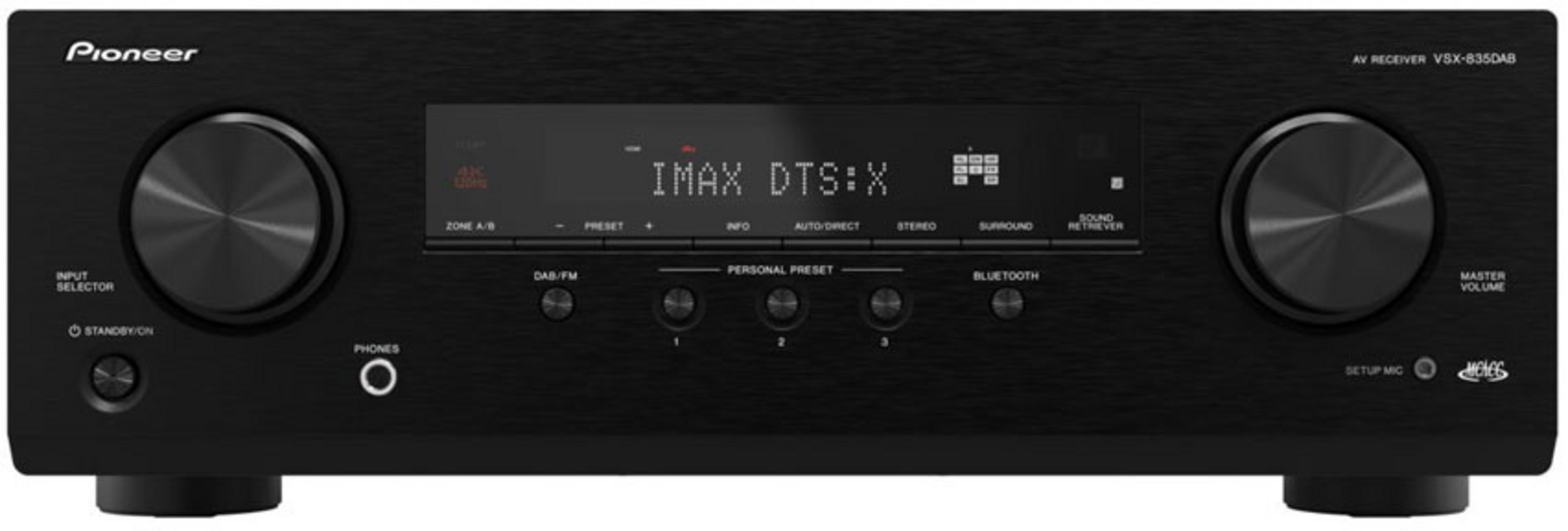 Schwarzer Pioneer AV-Receiver mit zwei Drehreglern, Display und Bedienelementen.