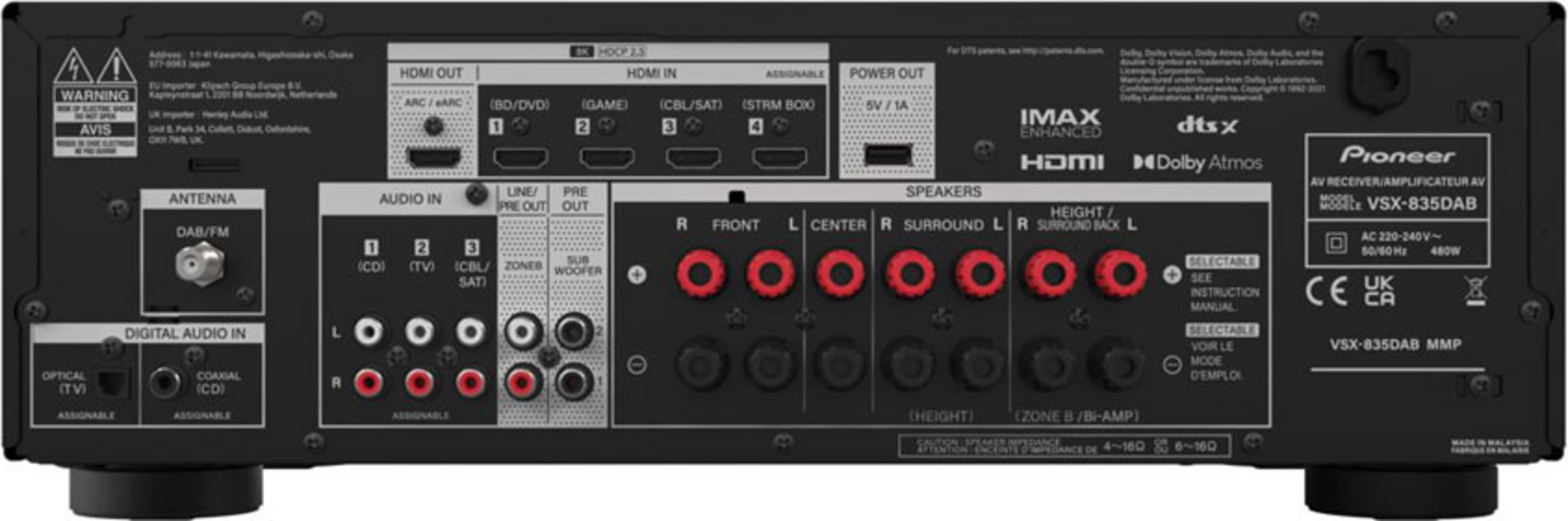 Rückseite eines Pioneer AV-Receivers VSX-835DAB mit Anschlüssen.