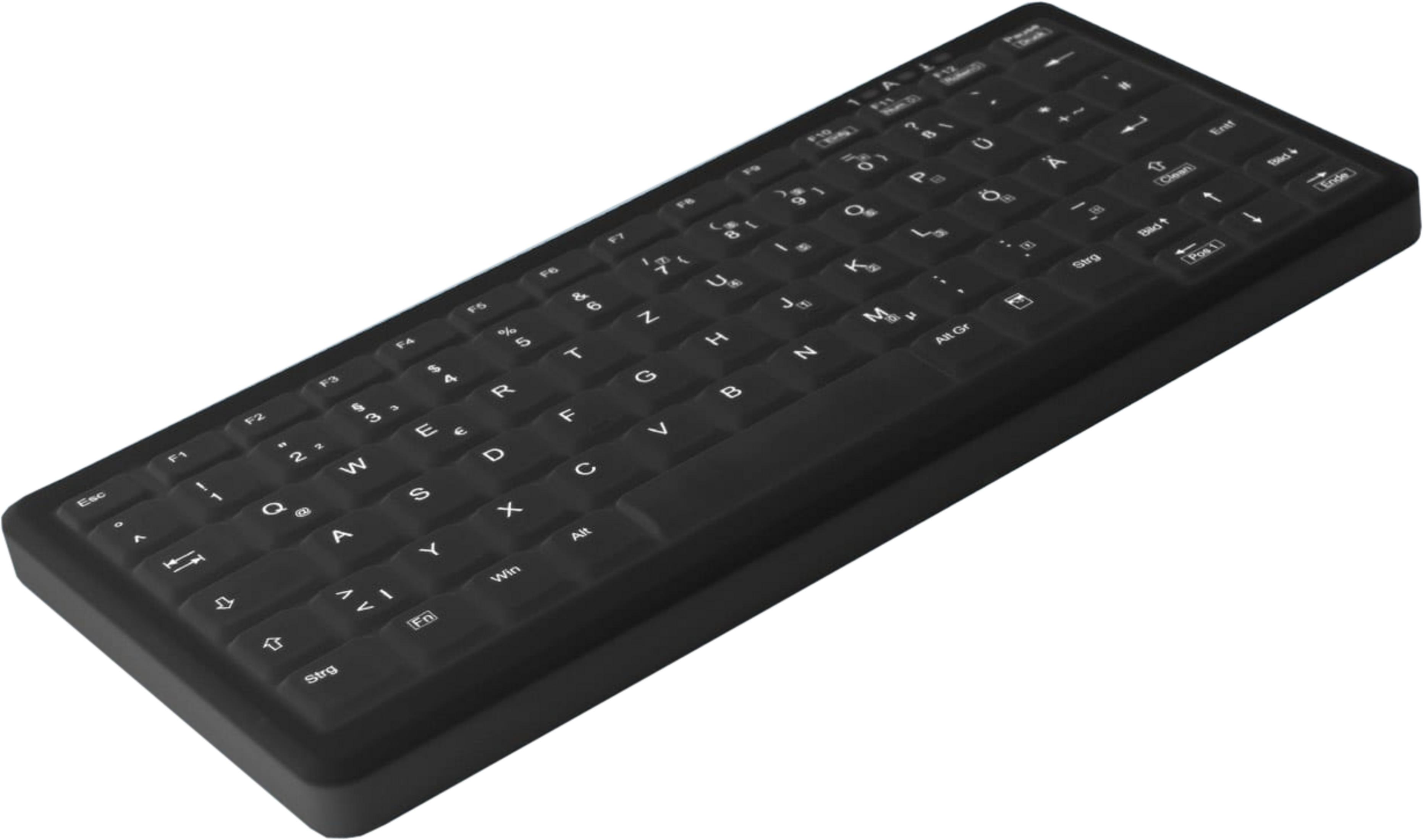 Una tastiera QWERTZ nera e compatta su sfondo bianco.