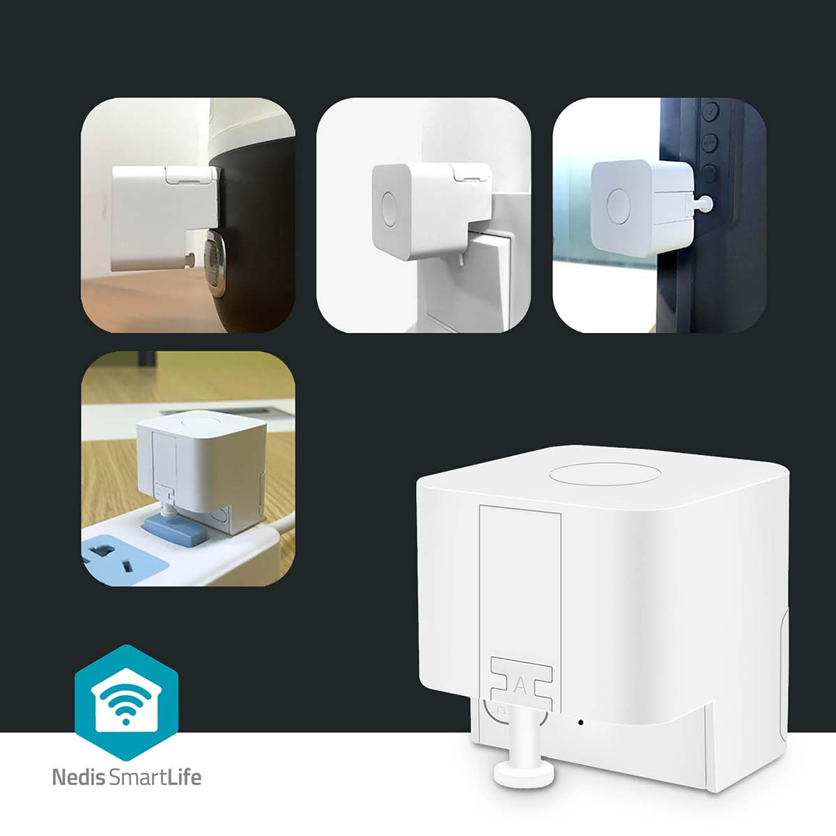 Spina smart bianca in uso su elettrodomestici e prese. Logo Nedis SmartLife.