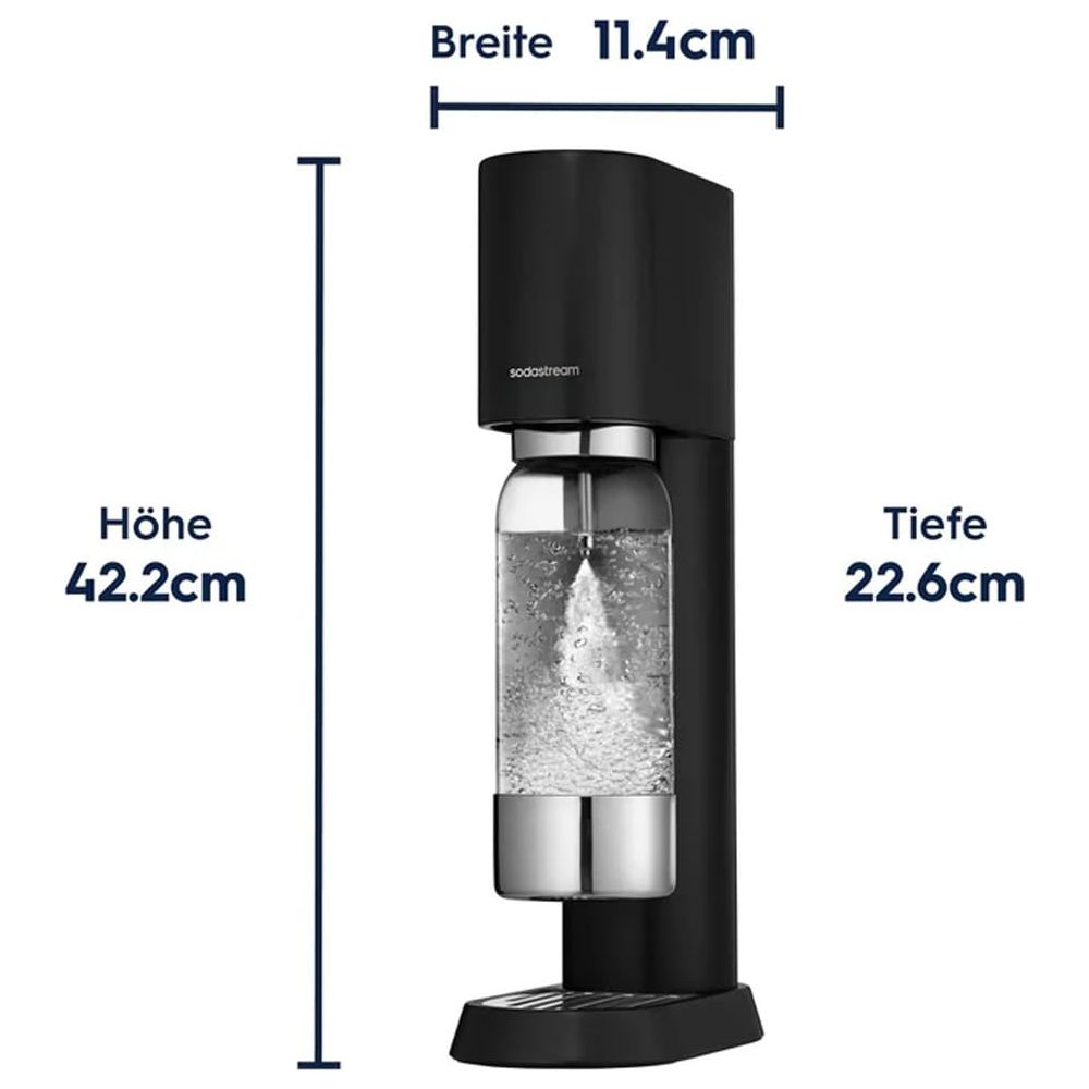 Schwarzer Sodastream mit Maßen: Höhe 42.2cm, Breite 11.4cm, Tiefe 22.6cm.