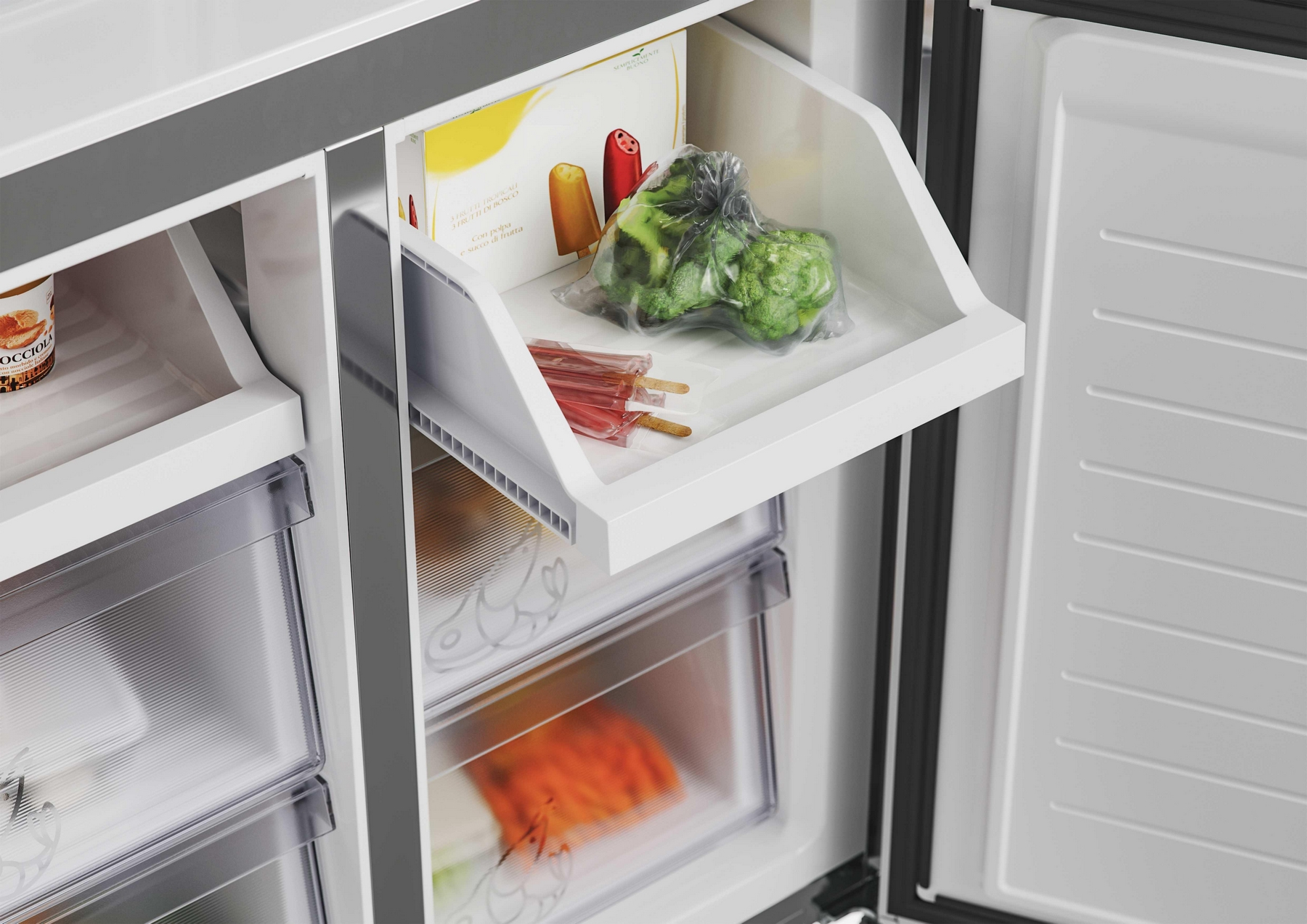 Cassetto congelatore con broccoli, ghiaccioli e scatola di gelato.