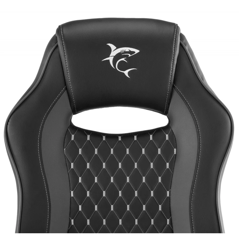 Poggiatesta sedia gaming nera con logo squalo bianco e imbottitura a rombi.