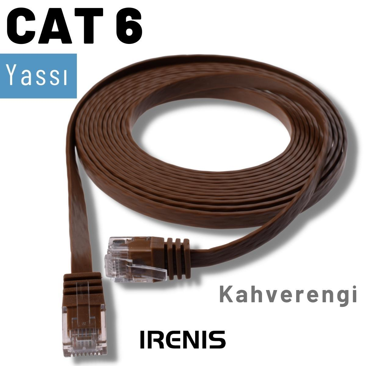 İki RJ45 konektörlü kahverengi yassı CAT 6 ağ kablosu.