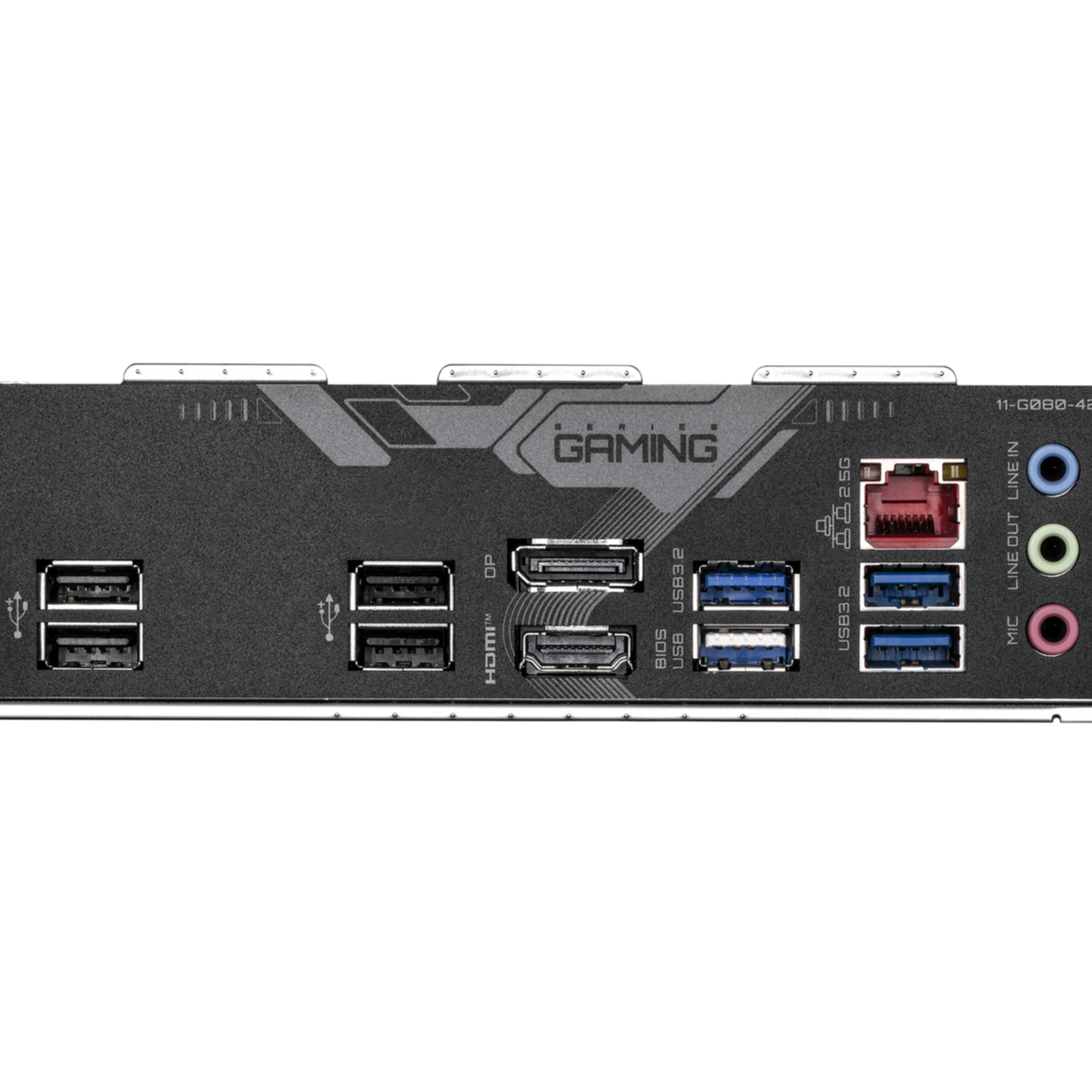 Anakart arka paneli: USB, HDMI, DP, Ethernet, ses jakları ve model numarası.