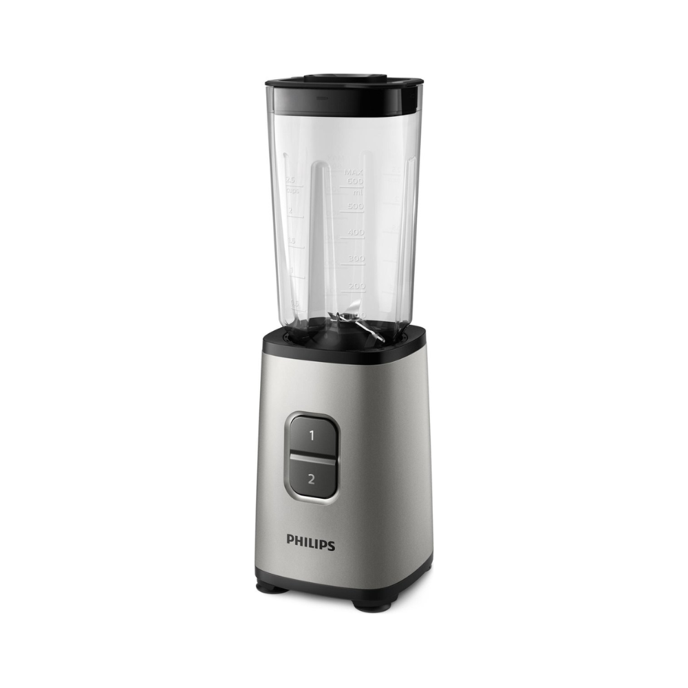 Un frullatore Philips argentato con contenitore trasparente e pulsanti neri.