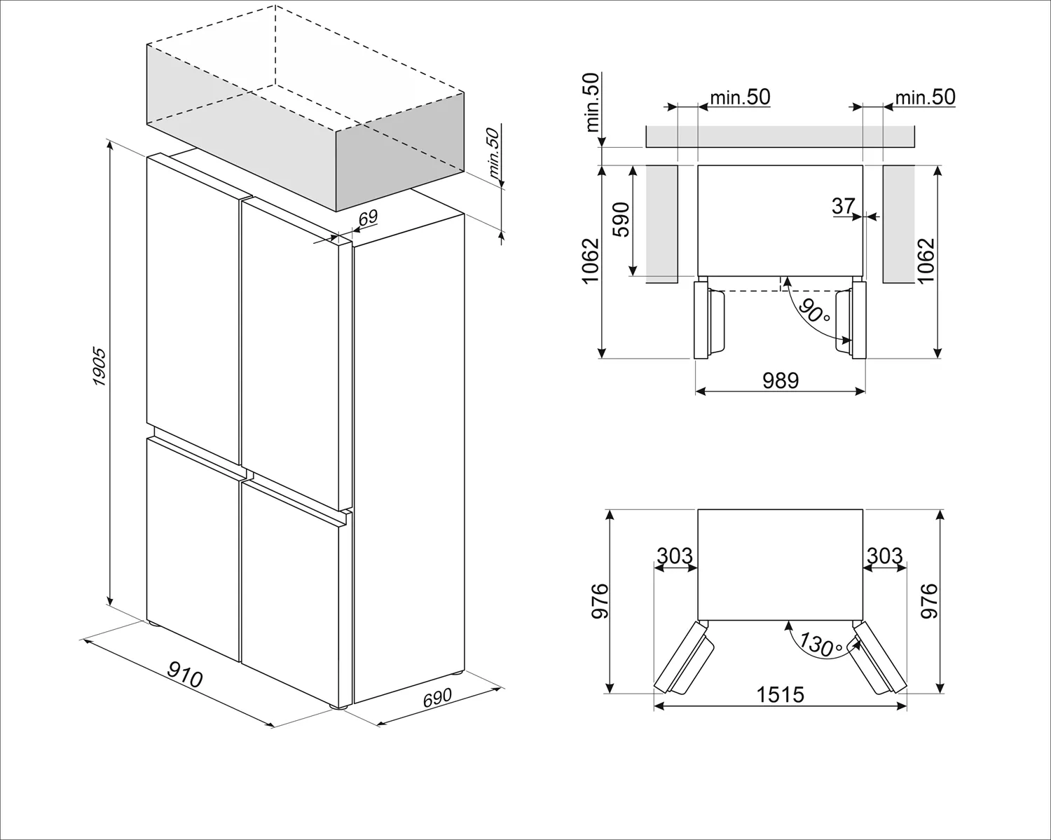 Disegno tecnico di un frigorifero con dimensioni e installazione.