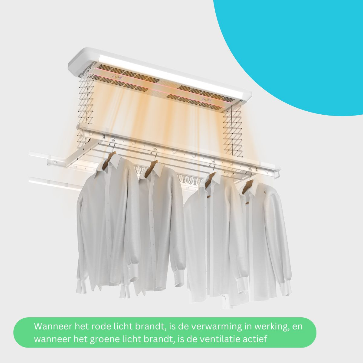 Un étendoir à linge électrique blanc avec des chemises blanches, émettant de la chaleur.