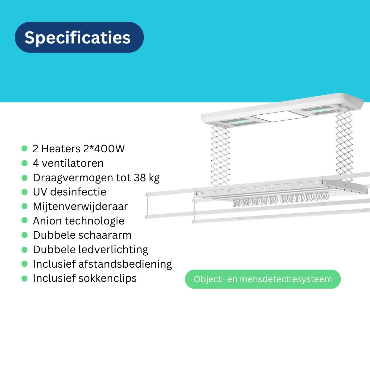 Spécifications : Sèche-linge avec chauffages, ventilateurs, capacité 38kg, désinfection UV.