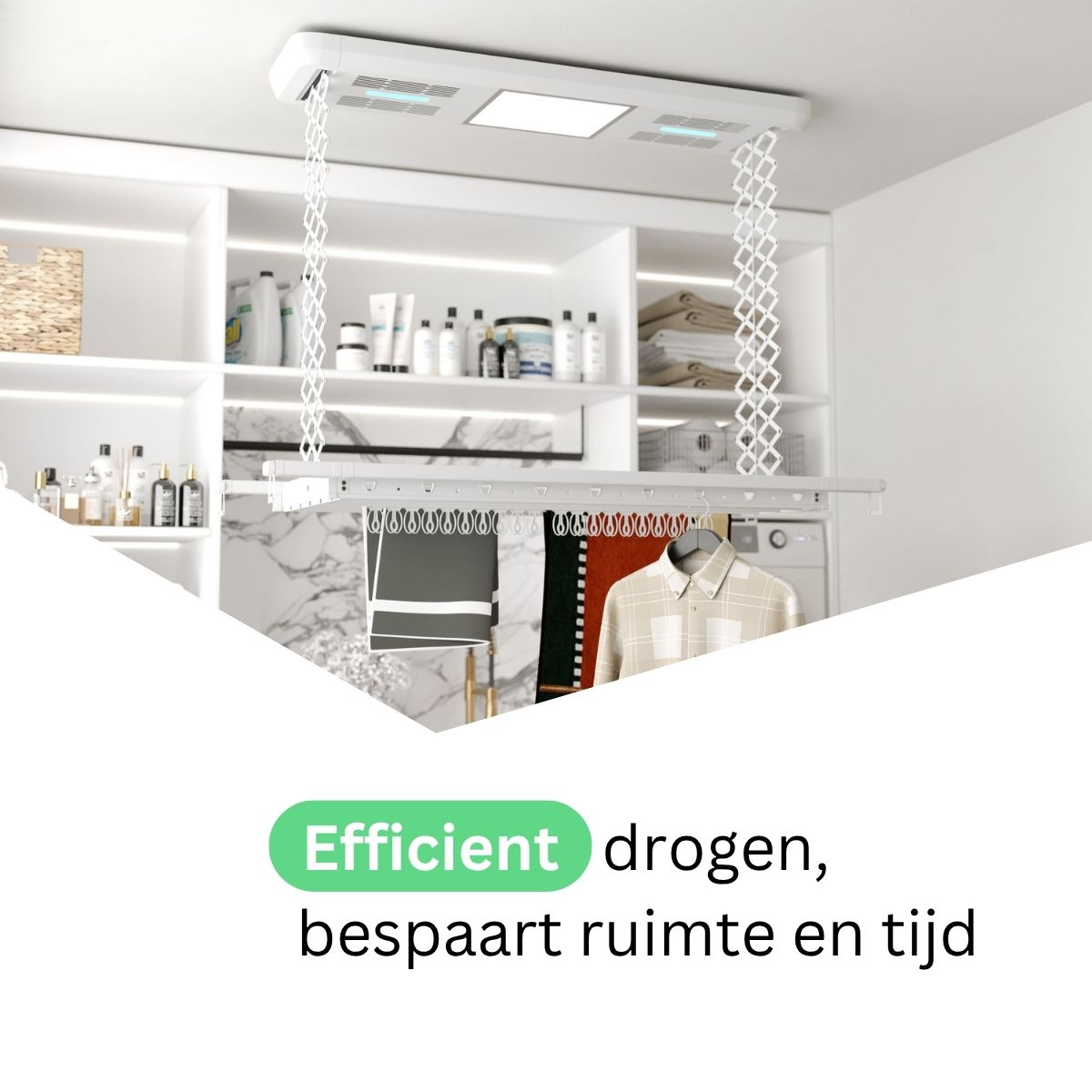Un étendoir moderne suspendu au plafond avec vêtements et serviettes. Séchage efficace.