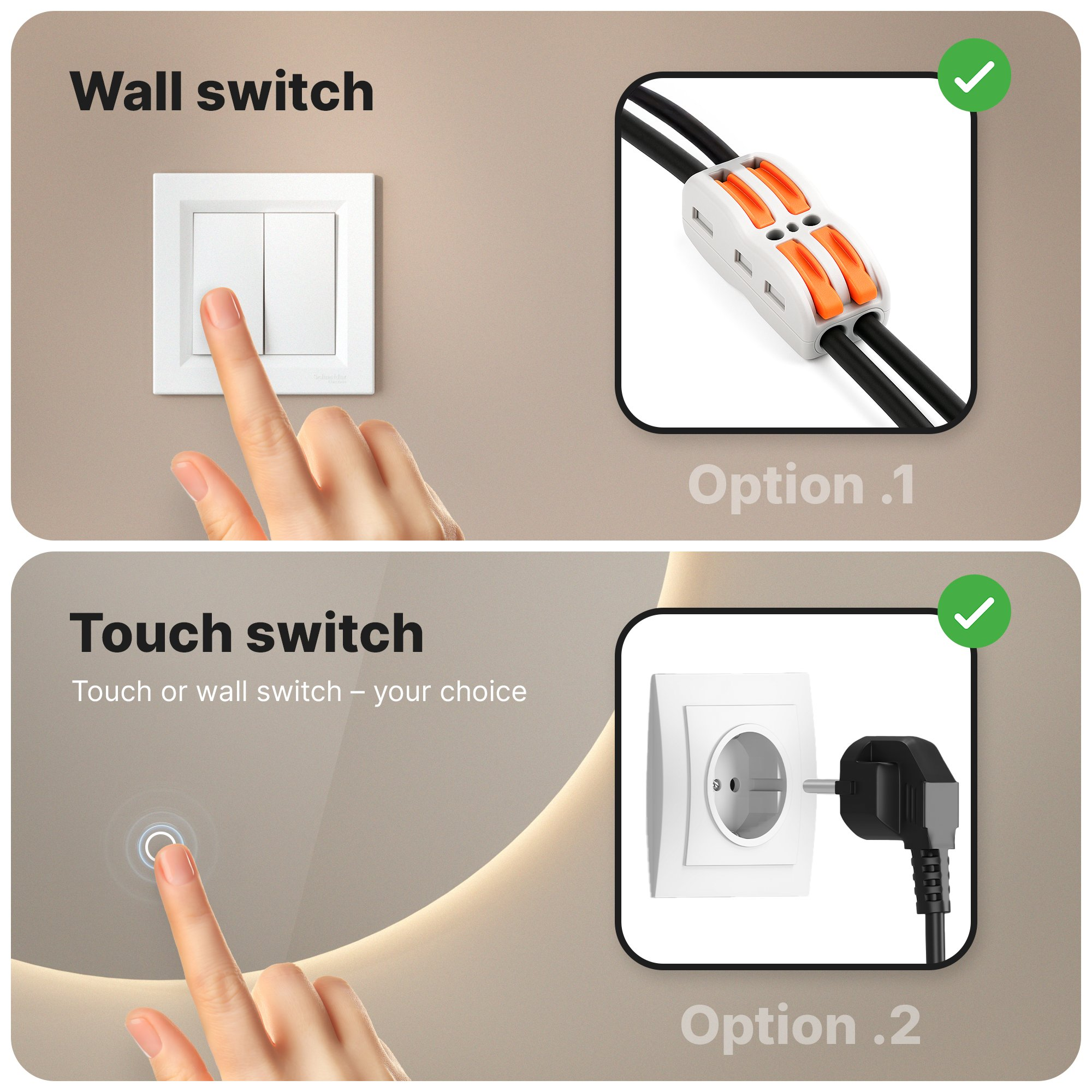 Boven: vinger drukt lichtschakelaar. Onder: vinger raakt touch-schakelaar en stopcontact.