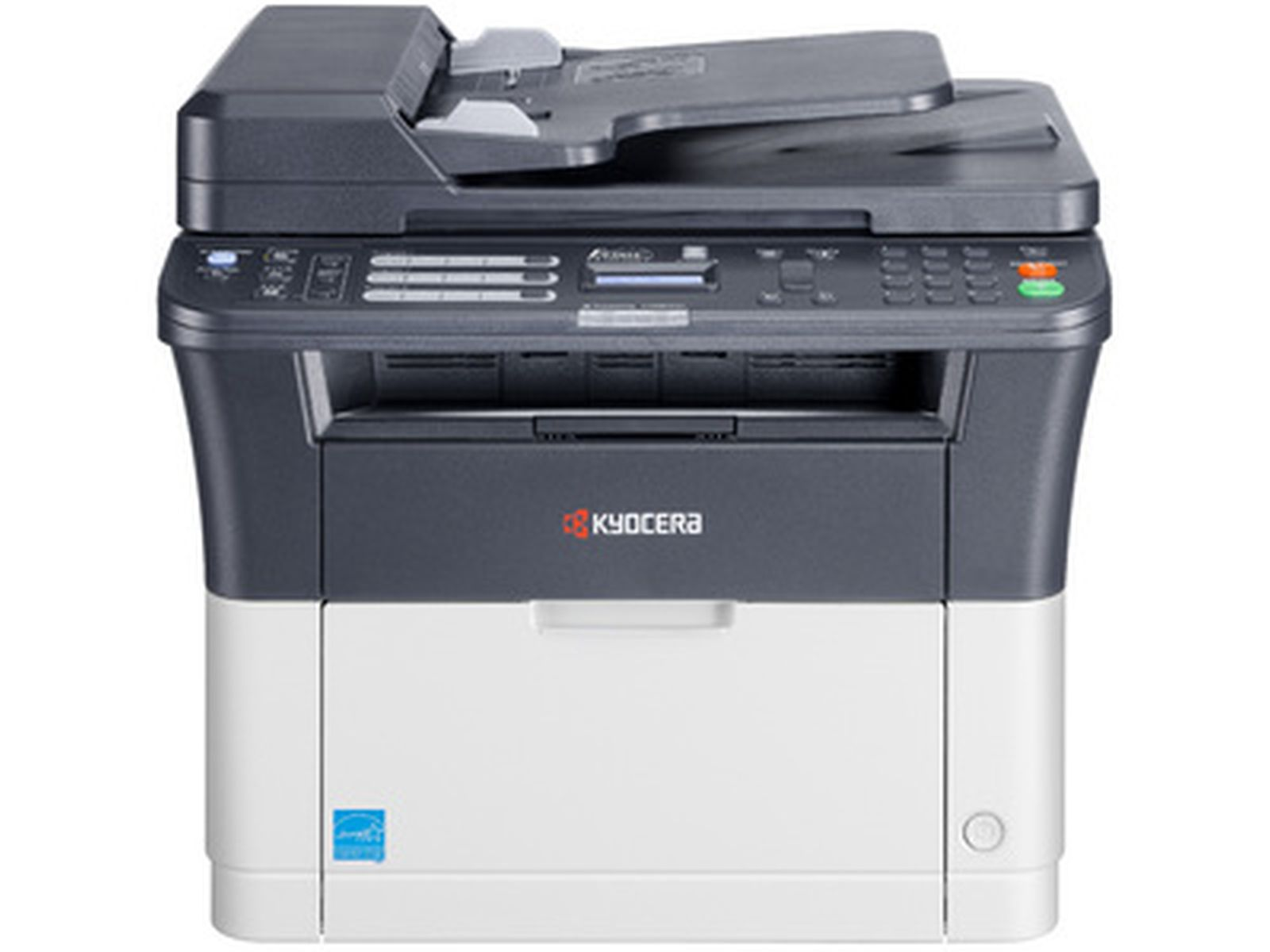 Czarno-biała drukarka wielofunkcyjna Kyocera z podajnikiem dokumentów na górze.