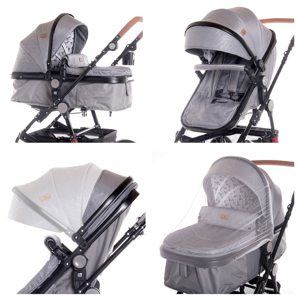 Ein grauer Kinderwagen mit Sitz und Verdeck, mit Moskitonetz. Brauner Griff.