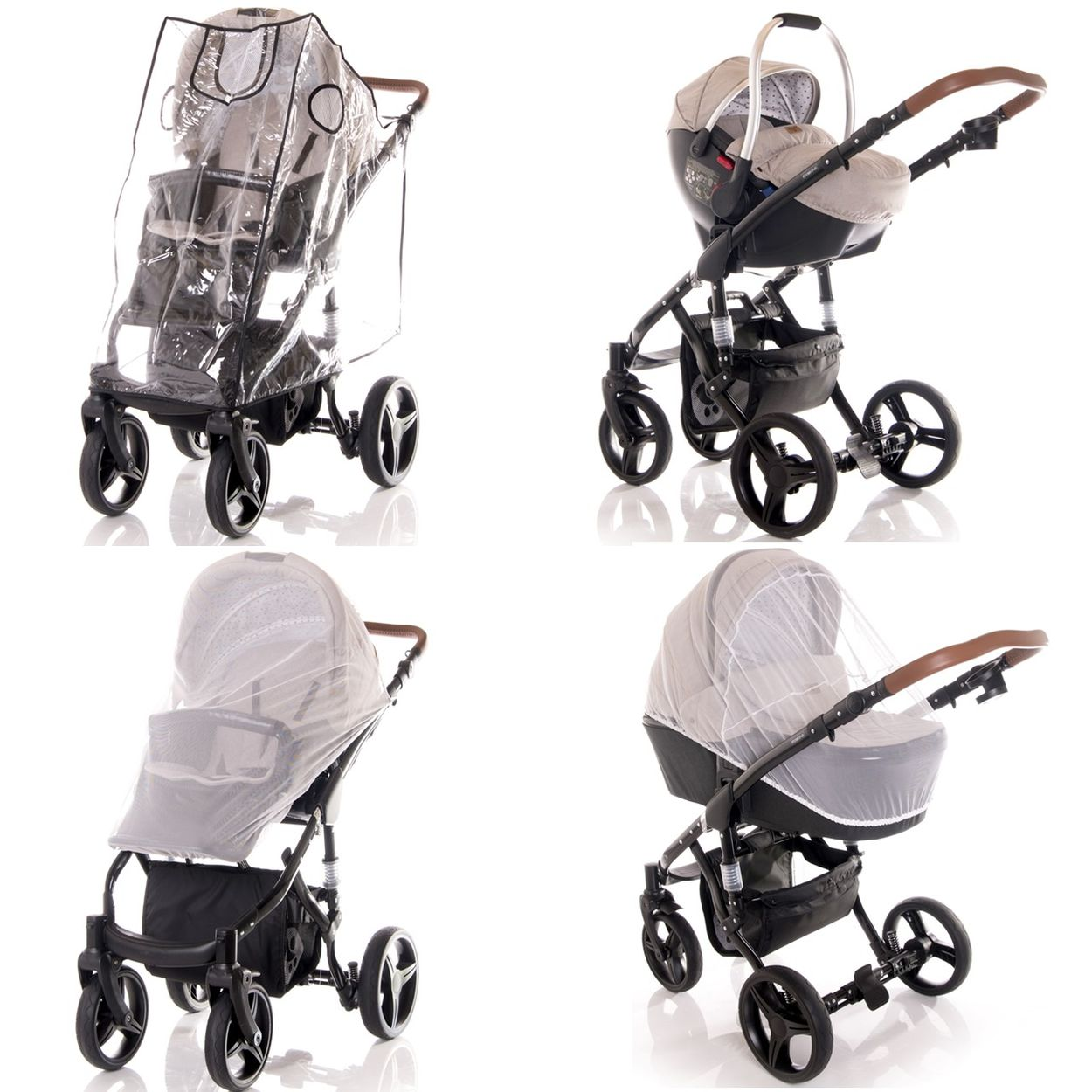 Vier Kinderwagen-Konfigurationen auf weißem Hintergrund. Ein Wagen mit Regenverdeck, einer mit Autositz, und zwei mit Moskitonetzen.