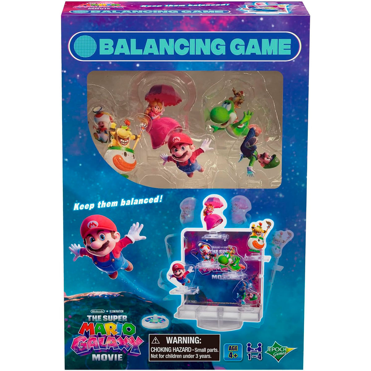 Super Mario Balancing Game mit Figuren auf einer Sternen-Hintergrundverpackung.