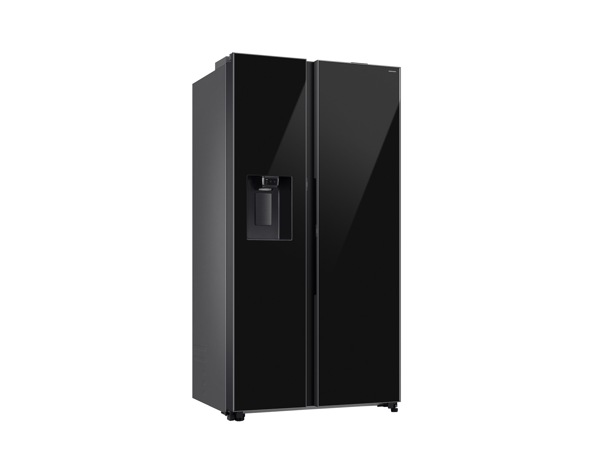 Un frigorifero nero side-by-side con dispenser d'acqua.