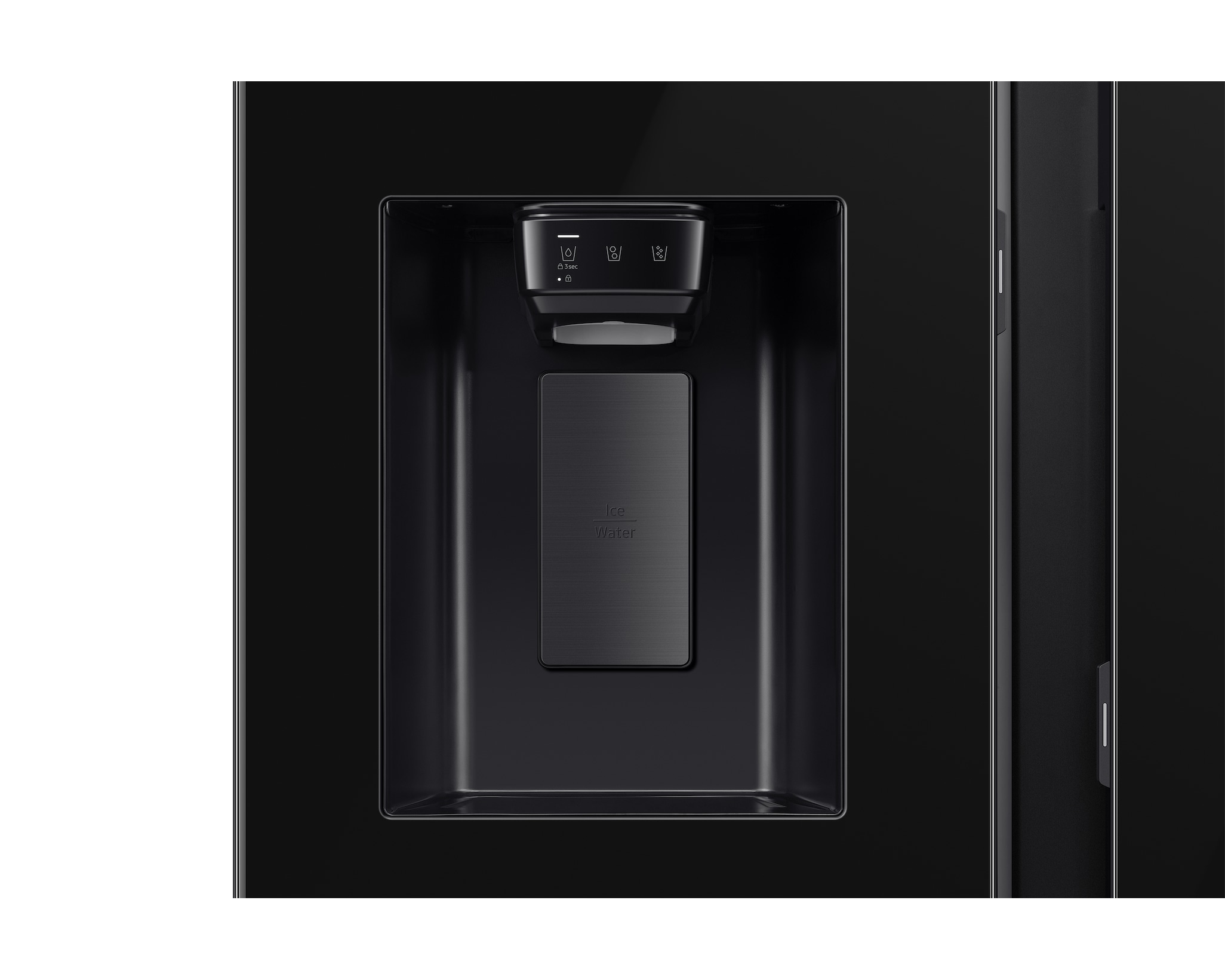 Dispenser acqua nero per frigorifero con uscita ghiaccio/acqua e pannello.