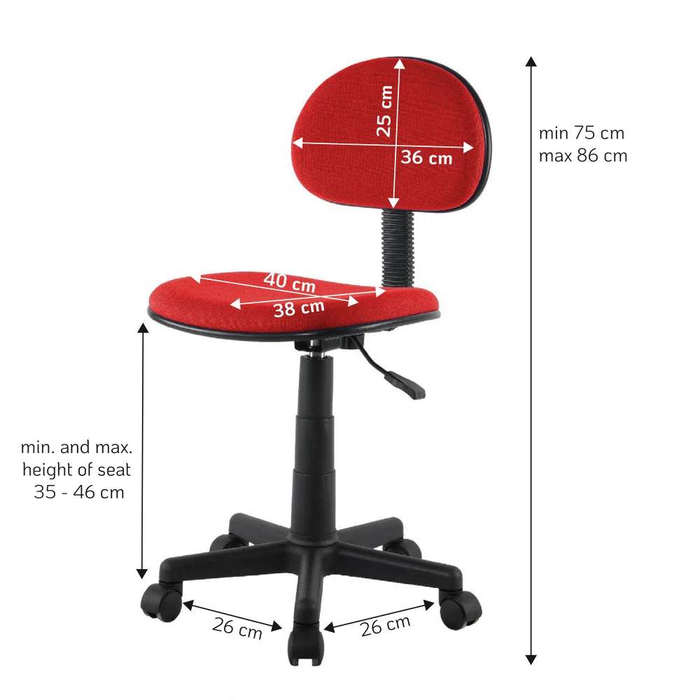 Sedia da ufficio rossa con dimensioni: Altezza seduta 35-46cm, larghezza seduta 40cm, schienale 36x25cm.