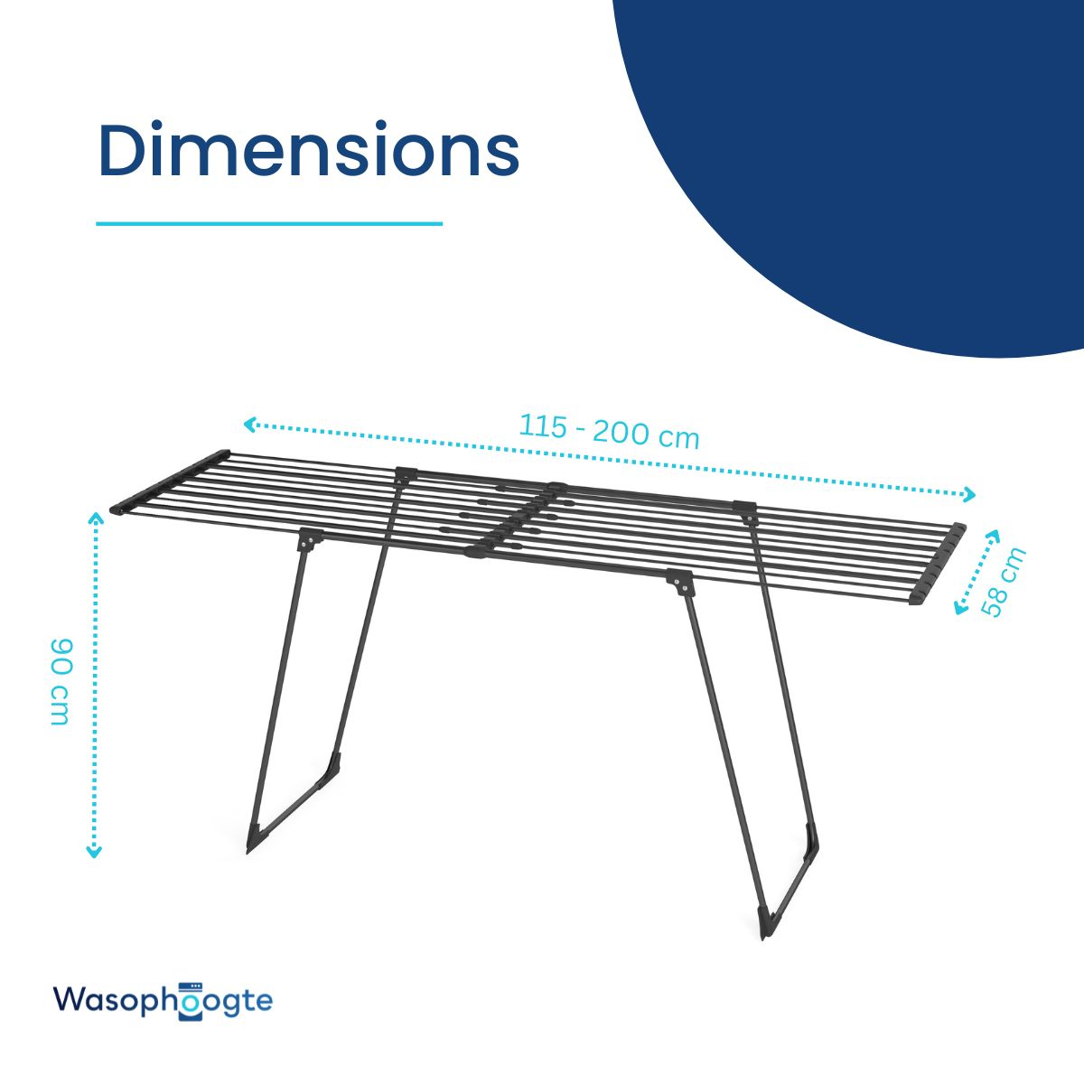 Un étendoir rétractable de 115-200 cm de long, 90 cm de haut et 58 cm de profondeur.
